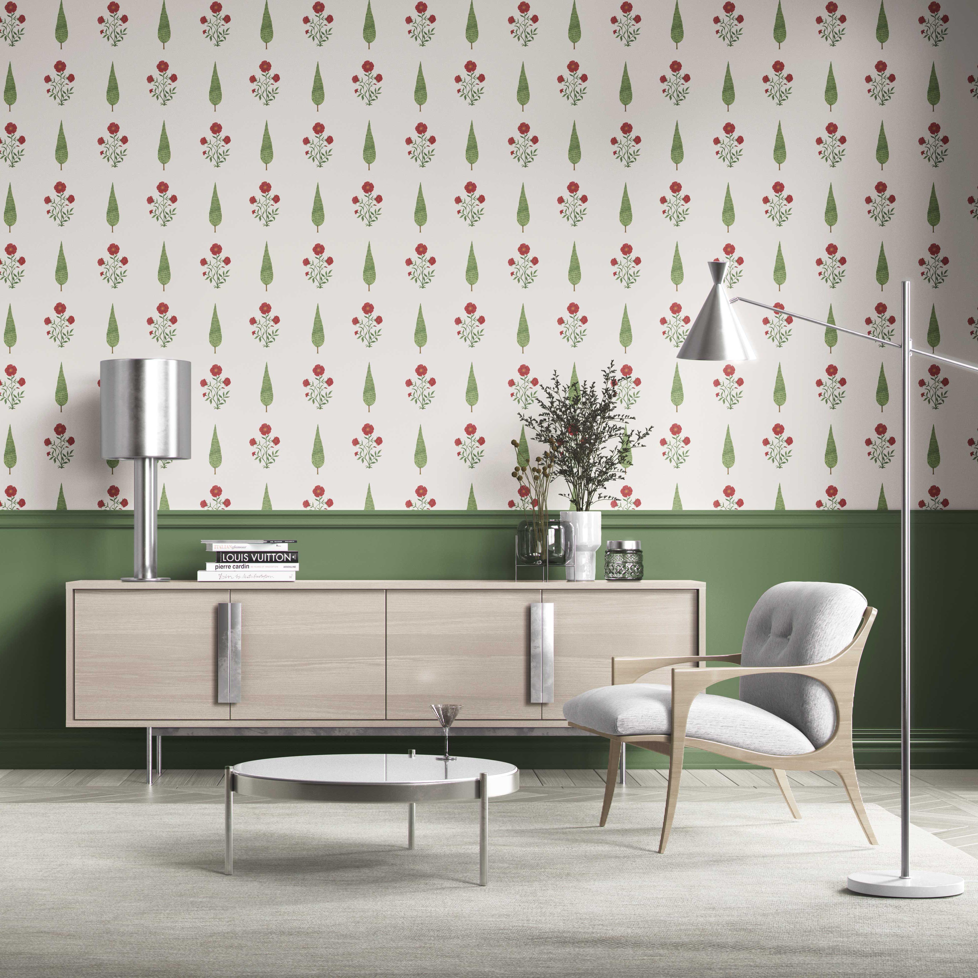Botanical/ Floral Block Print Kitchen Wallpaper Sample (White/ Red/ Green)