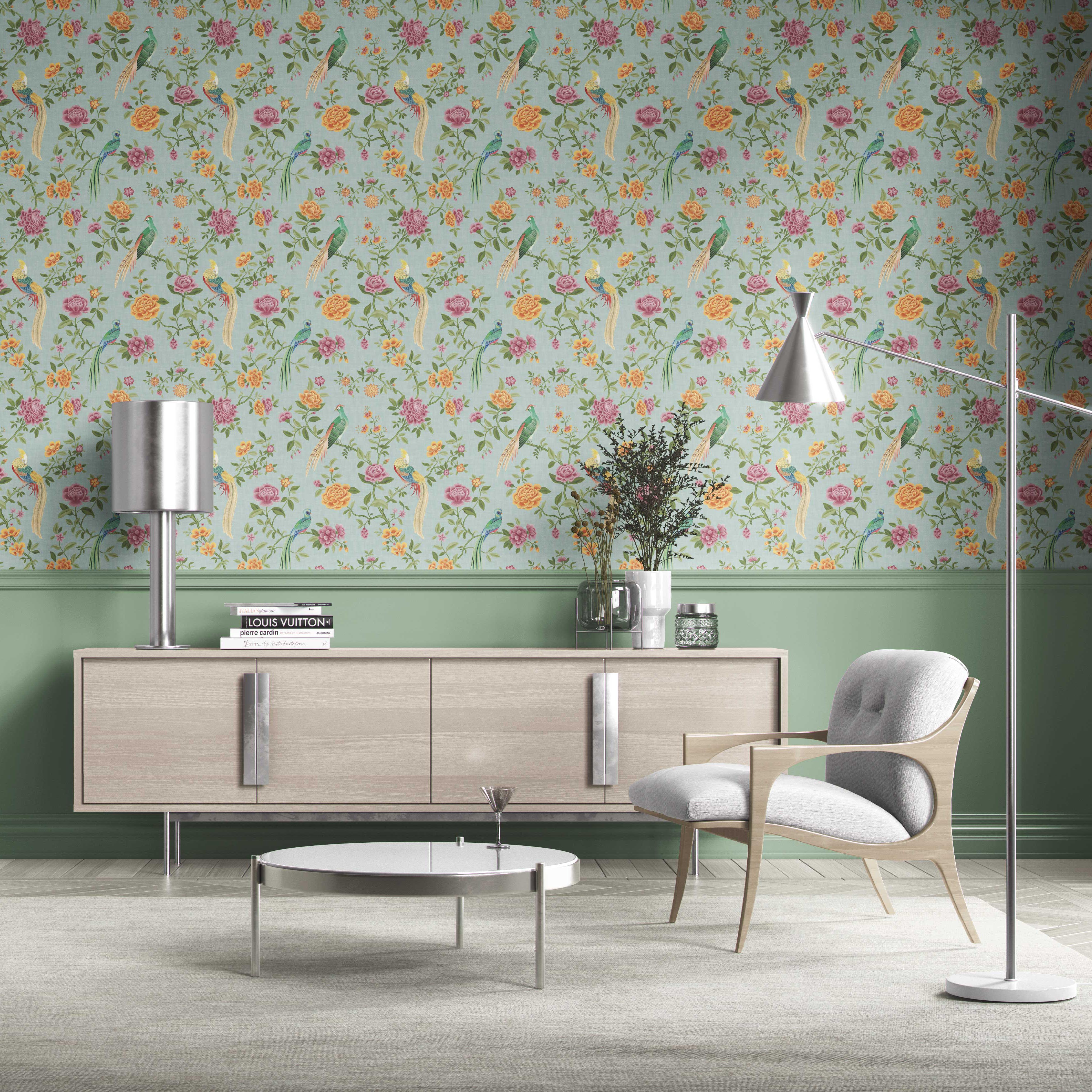 Floral Chinoiserie/ Nature Bird Print Kitchen Wallpaper Sample (Blue/ Pink/ Green/ Yellow/ Orange)