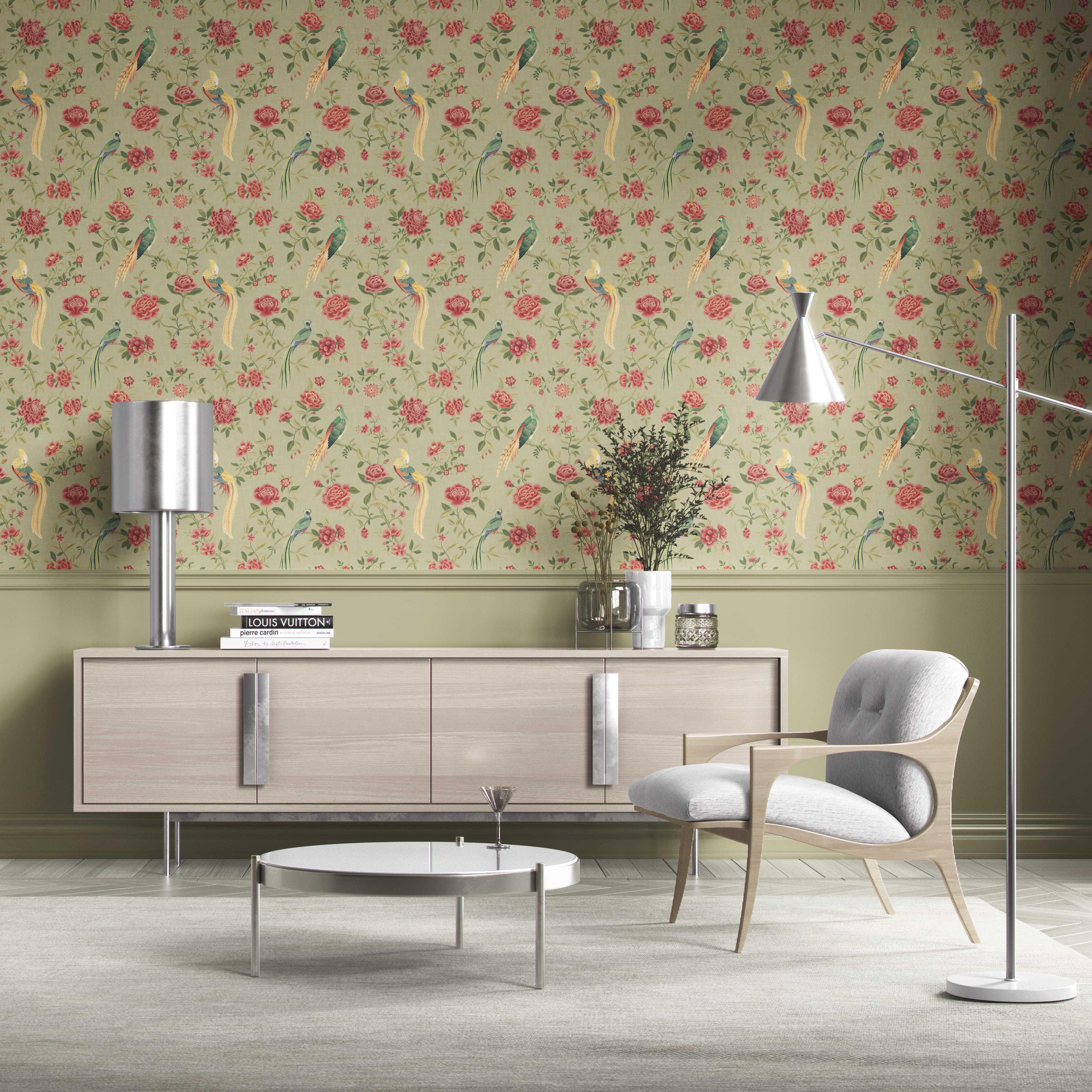 Floral Chinoiserie/ Nature Bird Print Kitchen Wallpaper Sample (Olive Green/ Red/ Yellow)