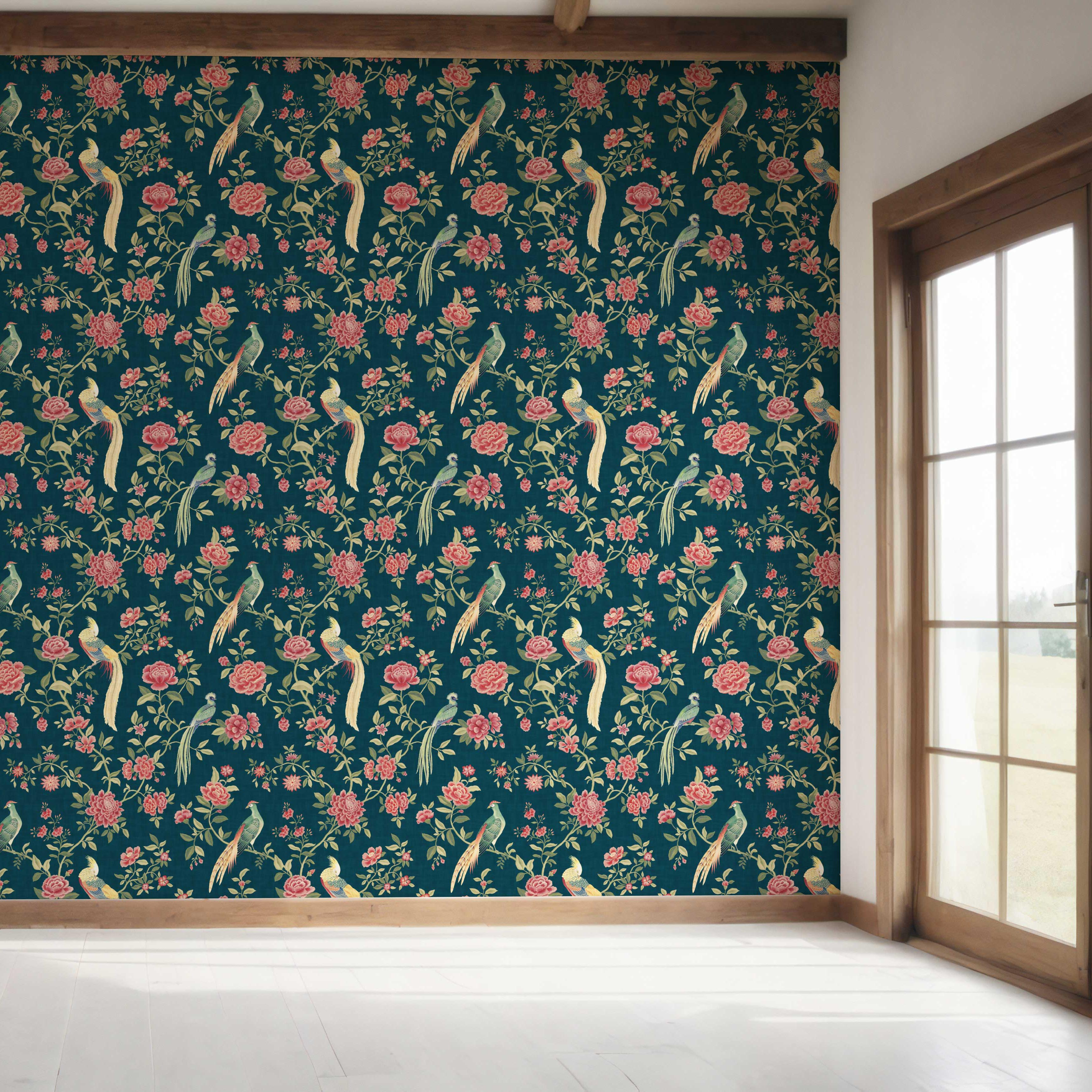 Floral Chinoiserie/ Nature Bird Print Bedroom Wallpaper Sample (Teal Blue/ Pink/ Green/ Yellow)