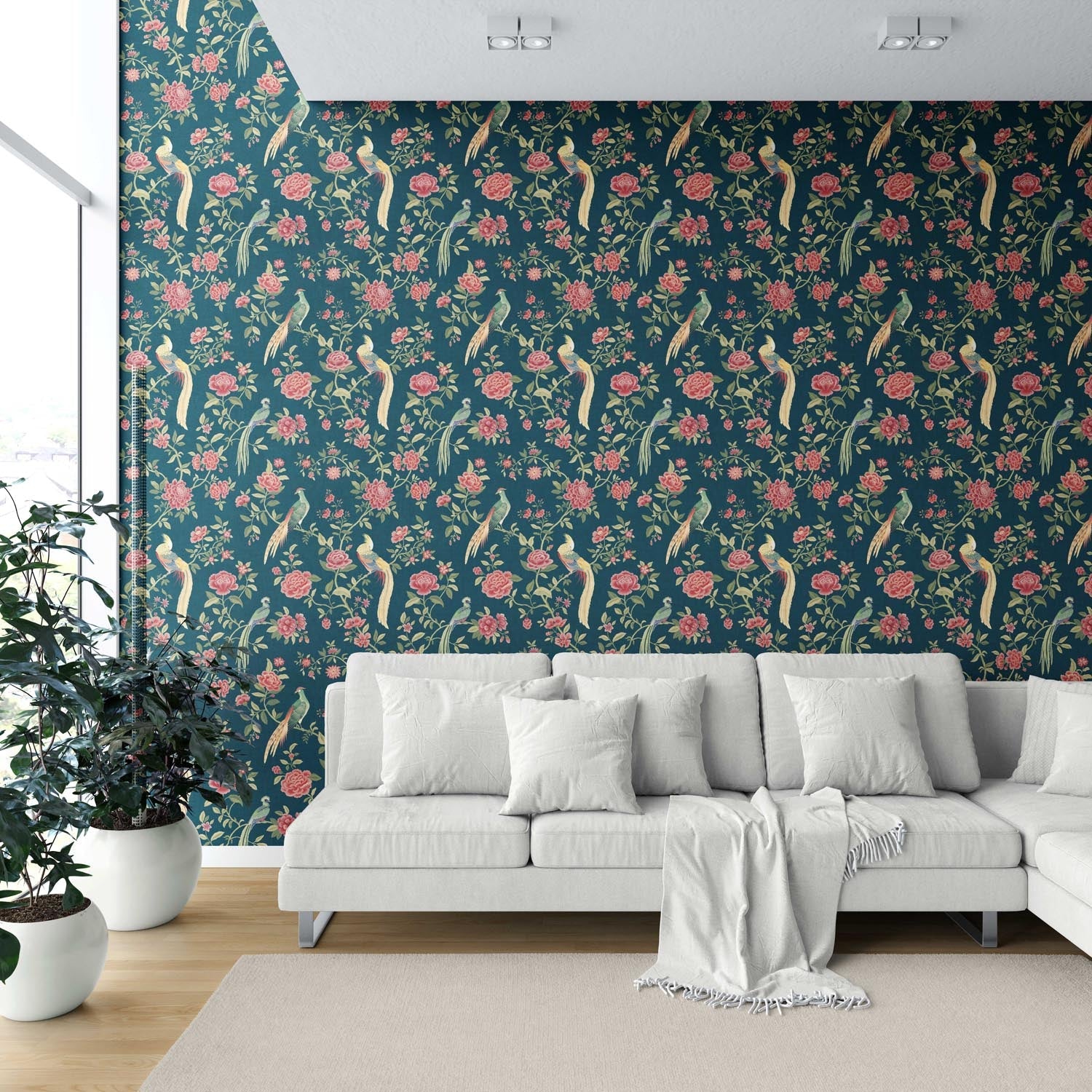 Floral Chinoiserie/ Nature Bird Print Shower Toilet Wallpaper (Teal Blue/ Pink/ Green/ Yellow)