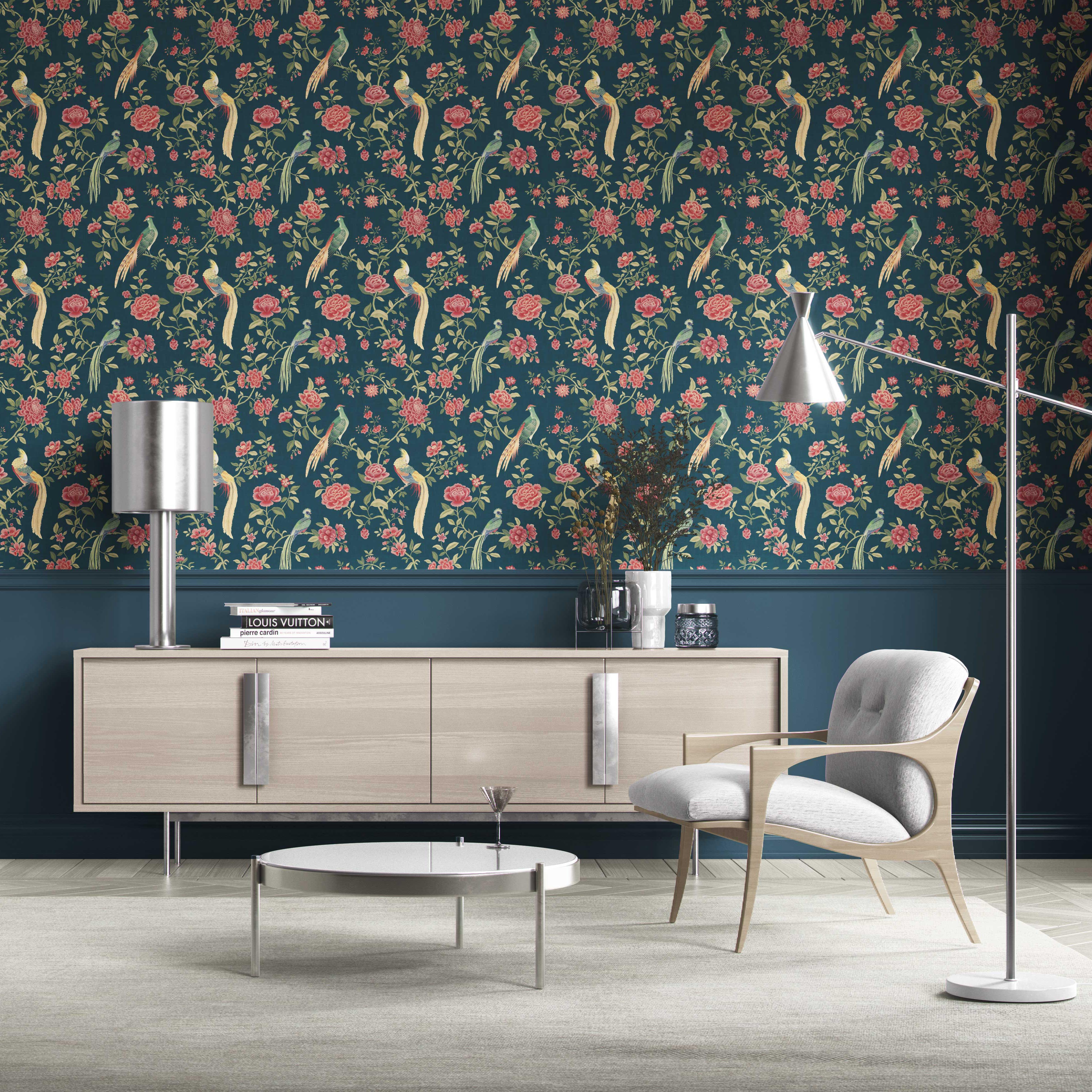 Floral Chinoiserie/ Nature Bird Print Kitchen Wallpaper (Teal Blue/ Pink/ Green/ Yellow)