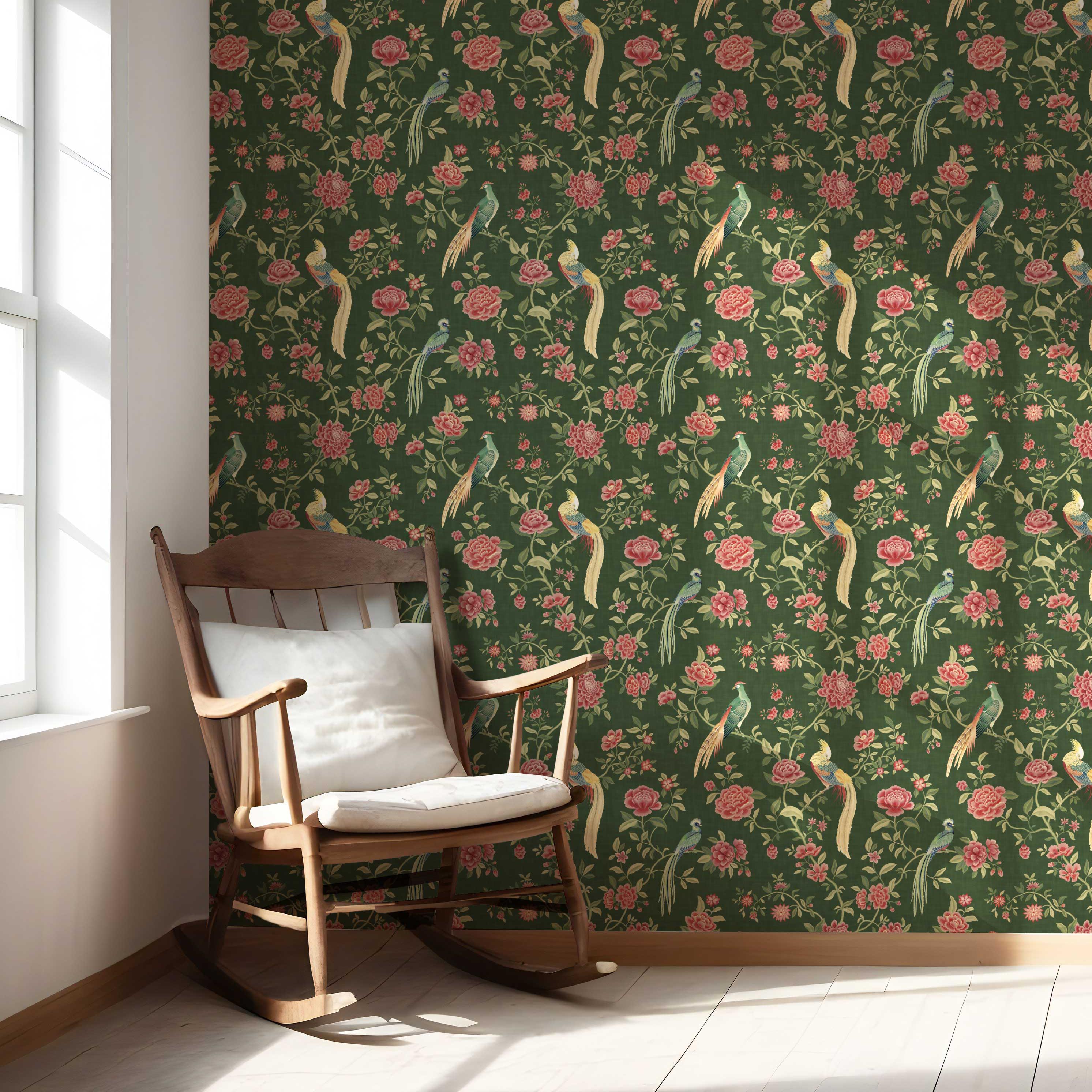 Floral Chinoiserie/ Nature Bird Print Nursery Wallpaper Sample (Green/ Pink/ Yellow)