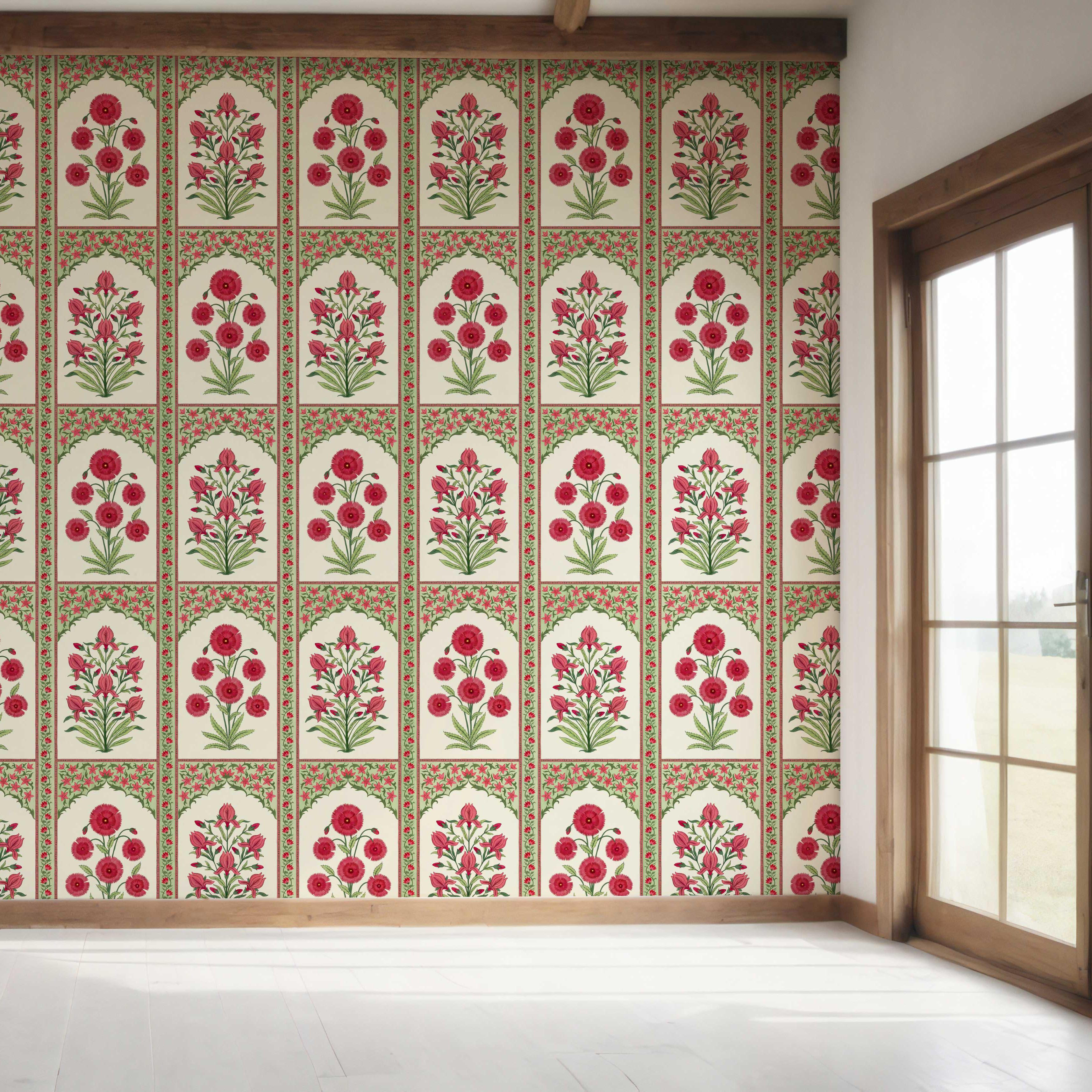 Vintage Ethnic Floral Block Print Bedroom Wallpaper Sample (Red/ Pink/ Green)
