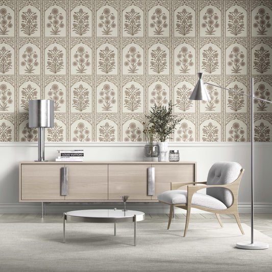 Neutral Vintage Ethnic Floral Block Print Traditional Wallpaper Sample (Beige/ Taupe/ Cream)