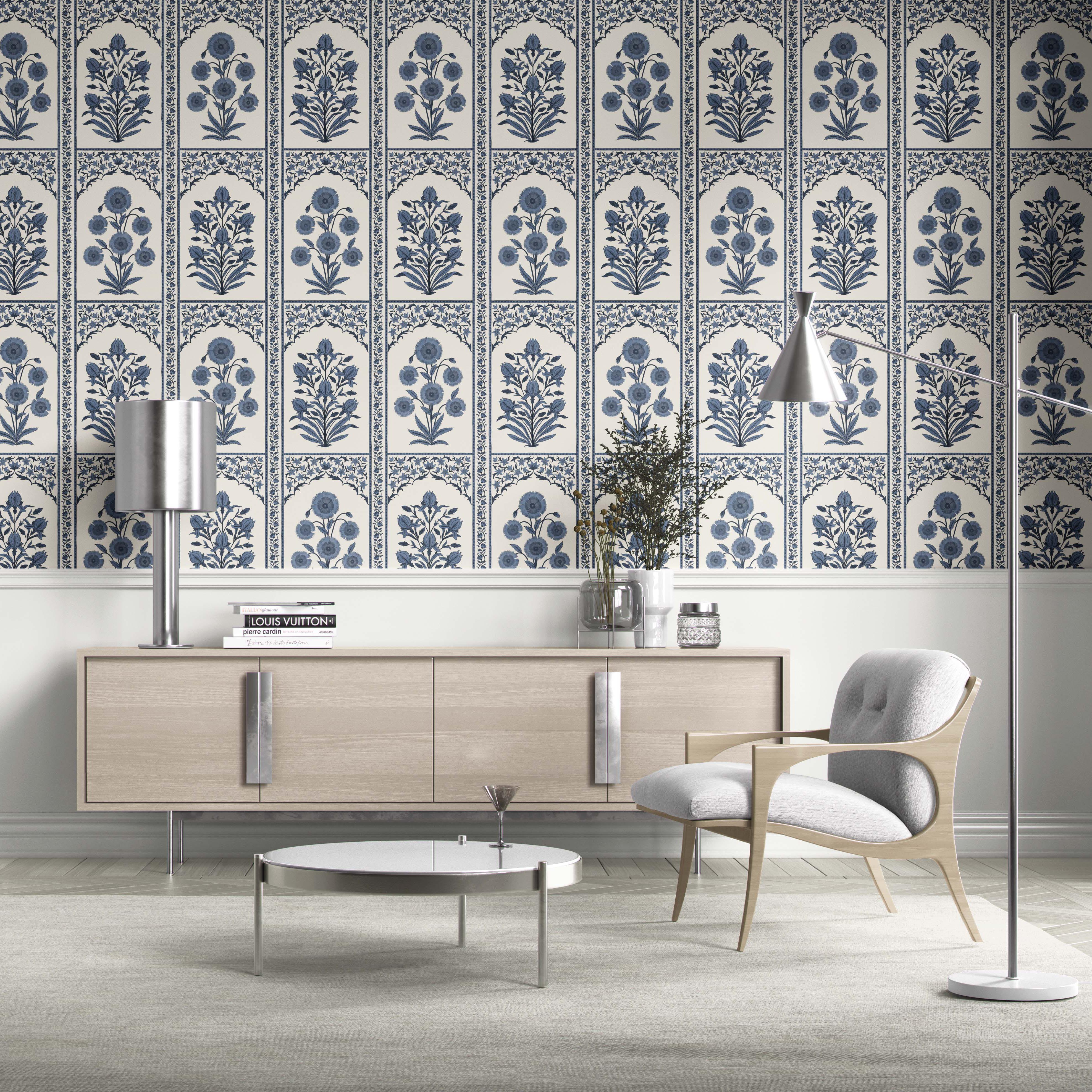 Vintage Ethnic Floral Block Print Traditional Wallpaper Sample (Navy Blue/ Cream)
