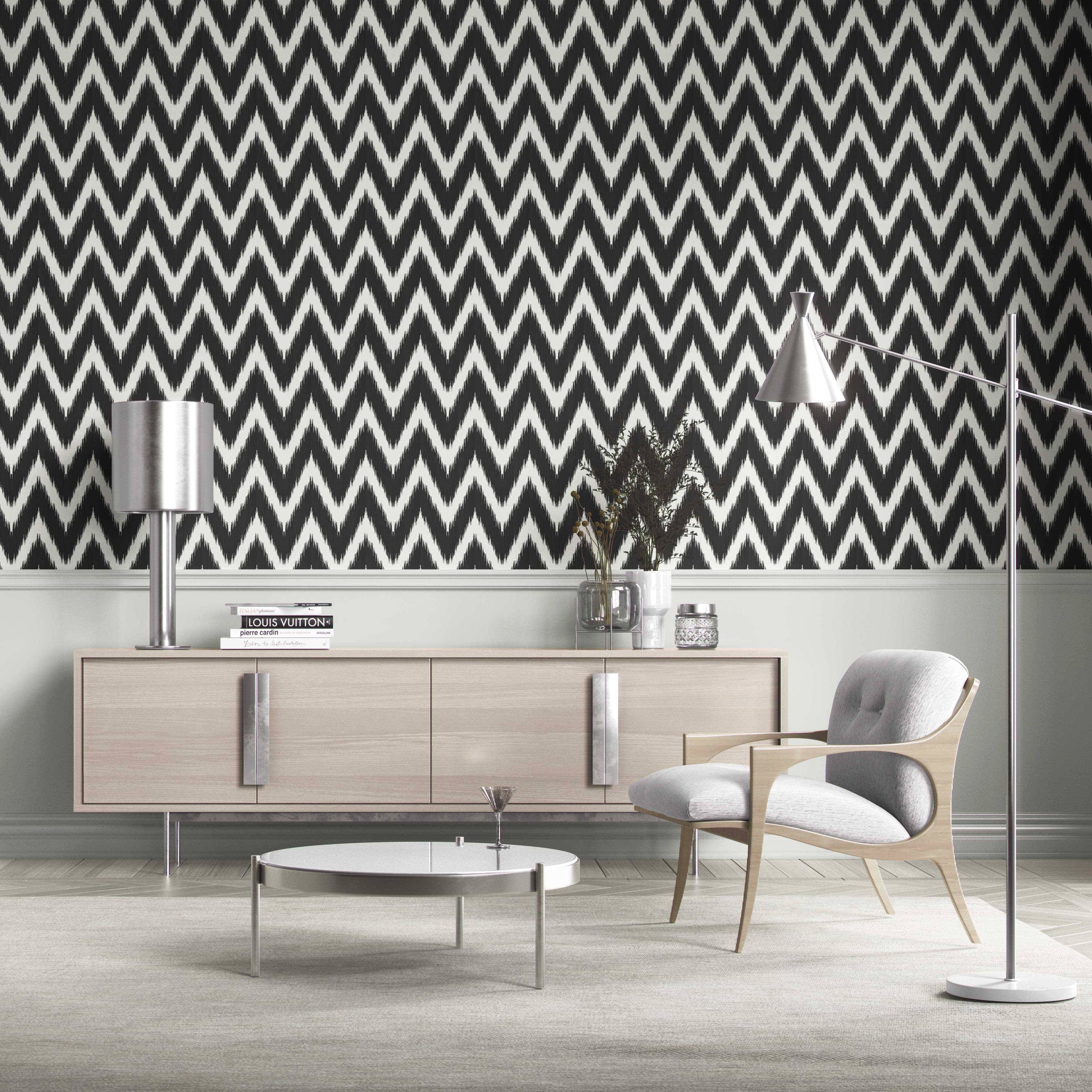 Neutral Chevron/ Zigzag Geometric Traditional Wallpaper Sample (Black/ White)