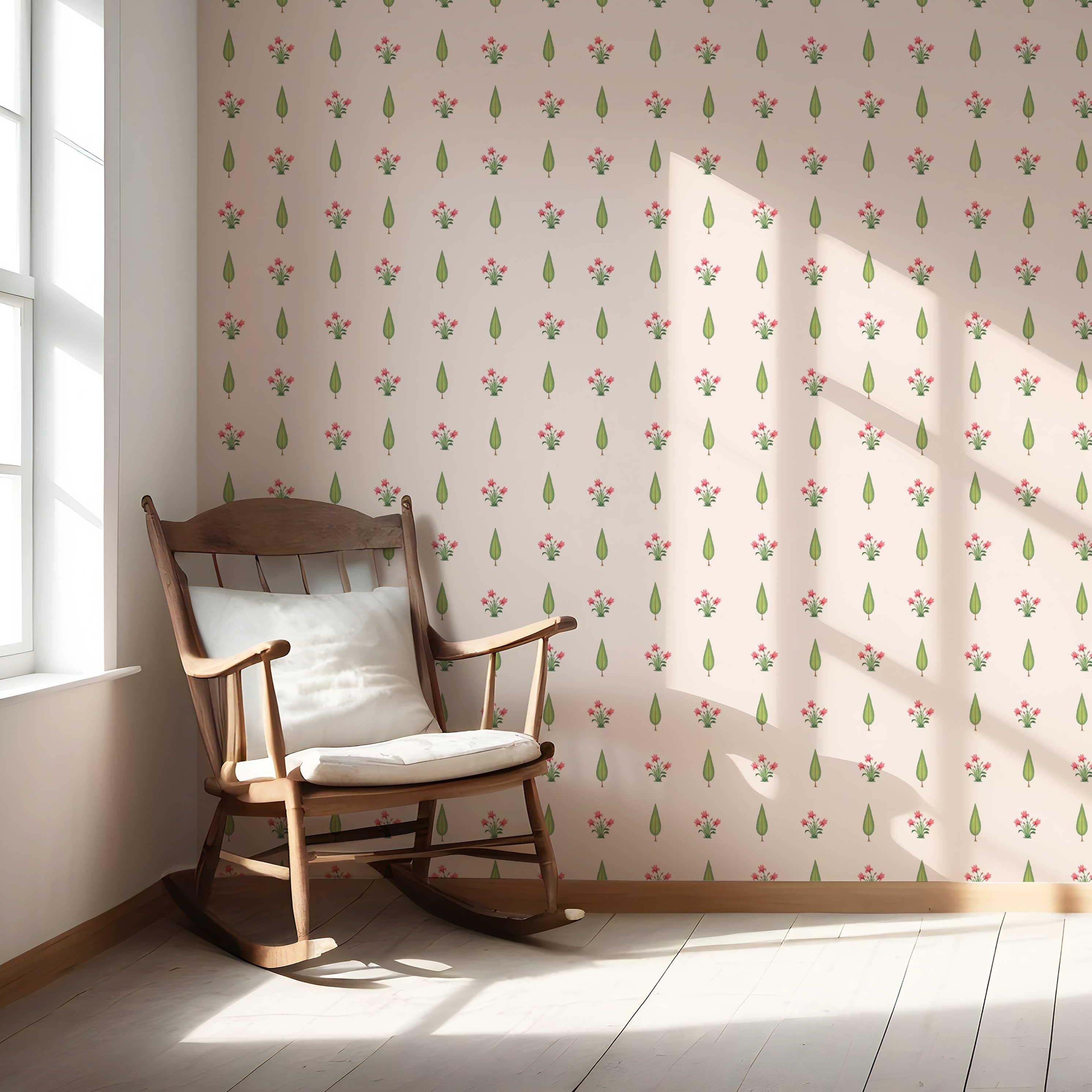Botanical Floral Block Print Nursery Wallpaper Sample (Soft Pink/ Green)