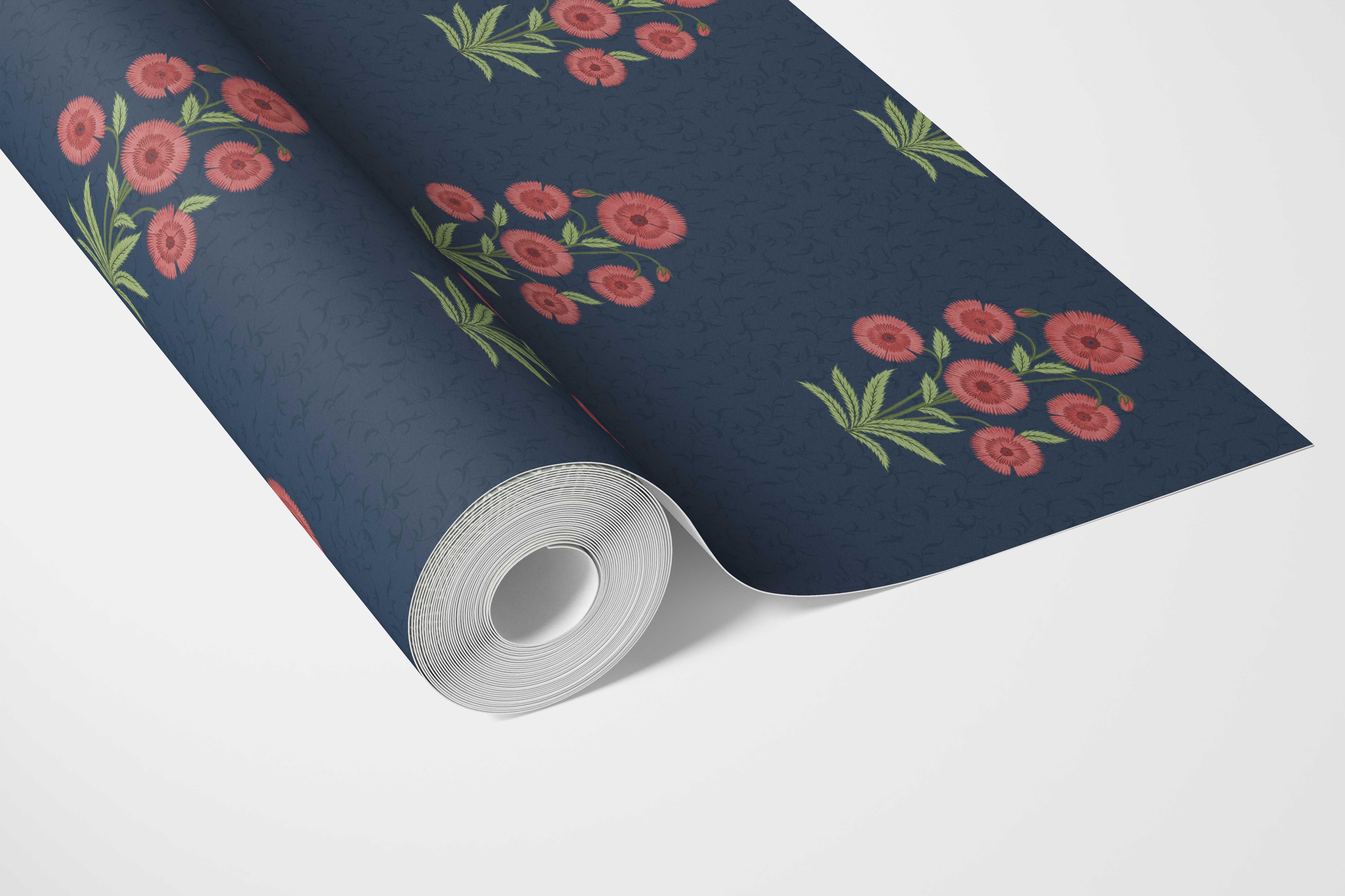 Botanical Floral Block Print Bathroom Wallpaper Sample (Navy Blue/ Red/ Green)