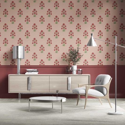 Botanical Floral Block Print Traditional Wallpaper (Pink/ Red/ Green)