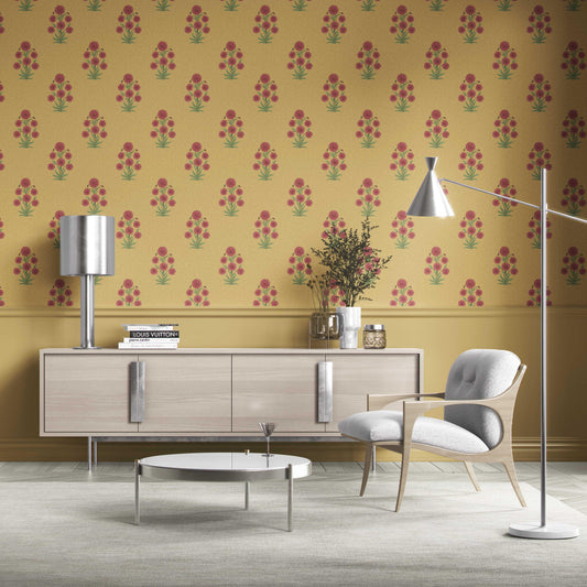 Botanical Floral Block Print Traditional Wallpaper Sample (Yellow/ Red-Pink/ Green)