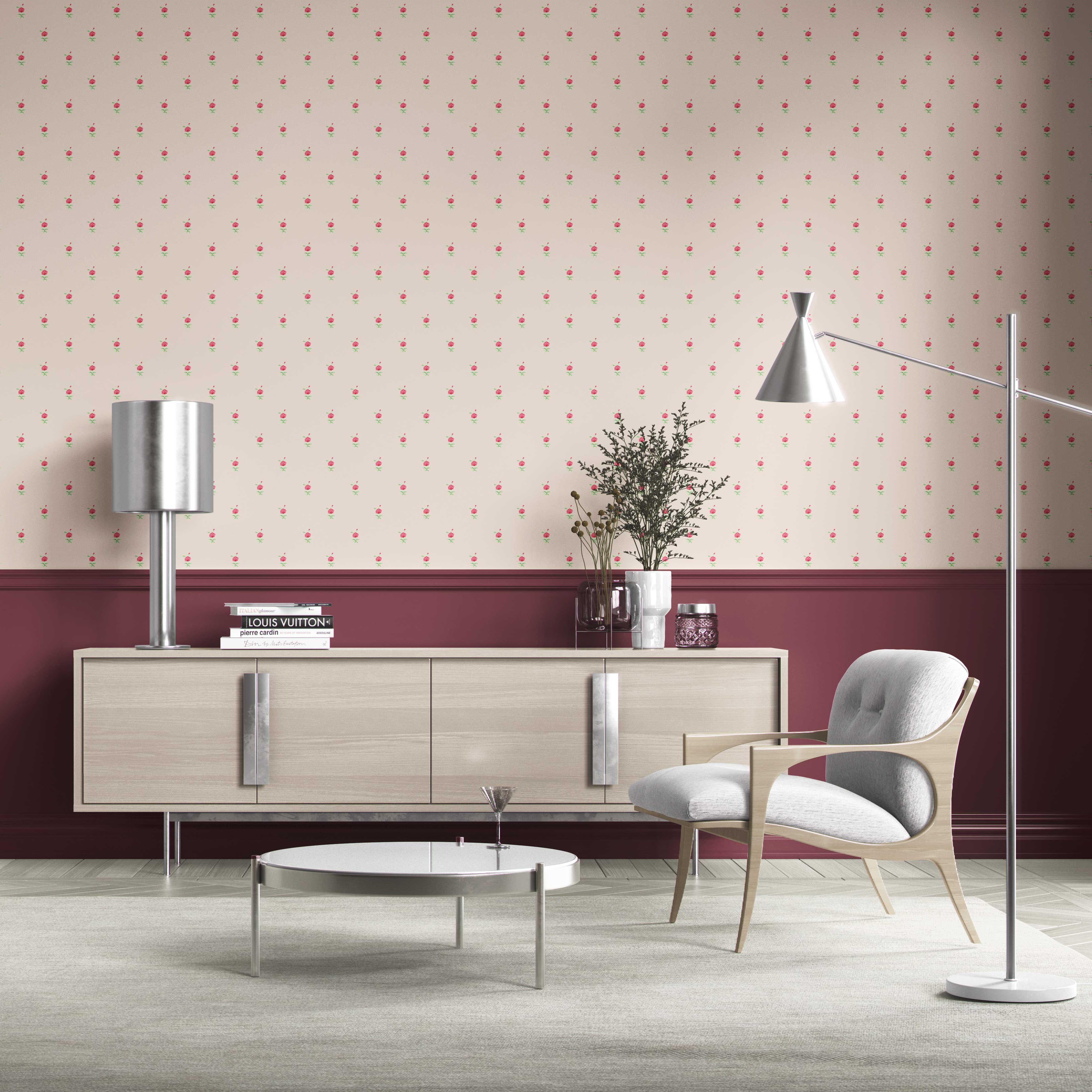 Vintage-Inspired Floral Block Print Traditional Wallpaper (Pink/ Green)