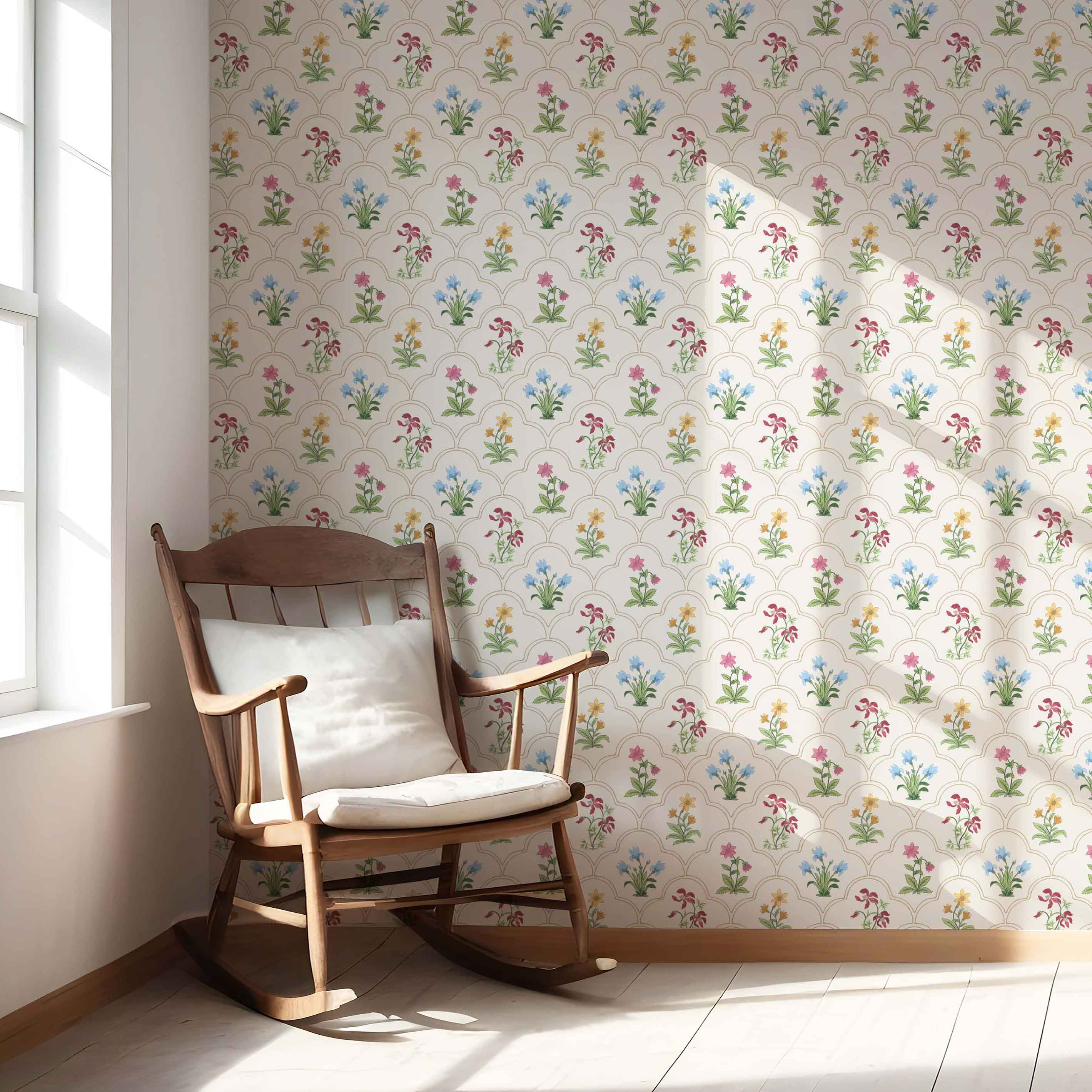 Vintage-Inspired Floral Block Print Nursery Wallpaper (White/ Beige/ Pink/ Green/ Red/ Yellow/ Blue)