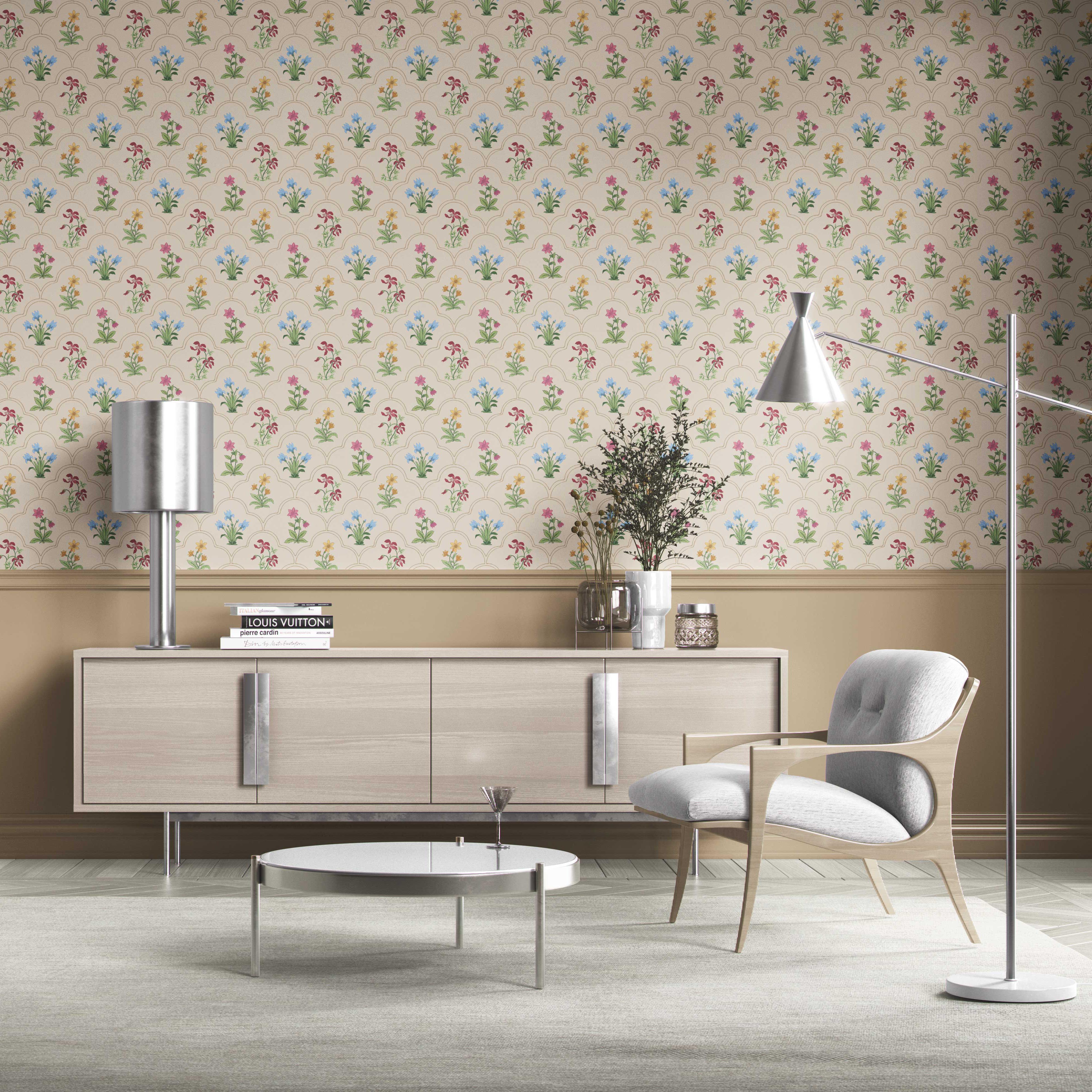 Vintage-Inspired Floral Block Print Kitchen Wallpaper (Beige/ Red/ Pink/ Blue/ Yellow/ Green)