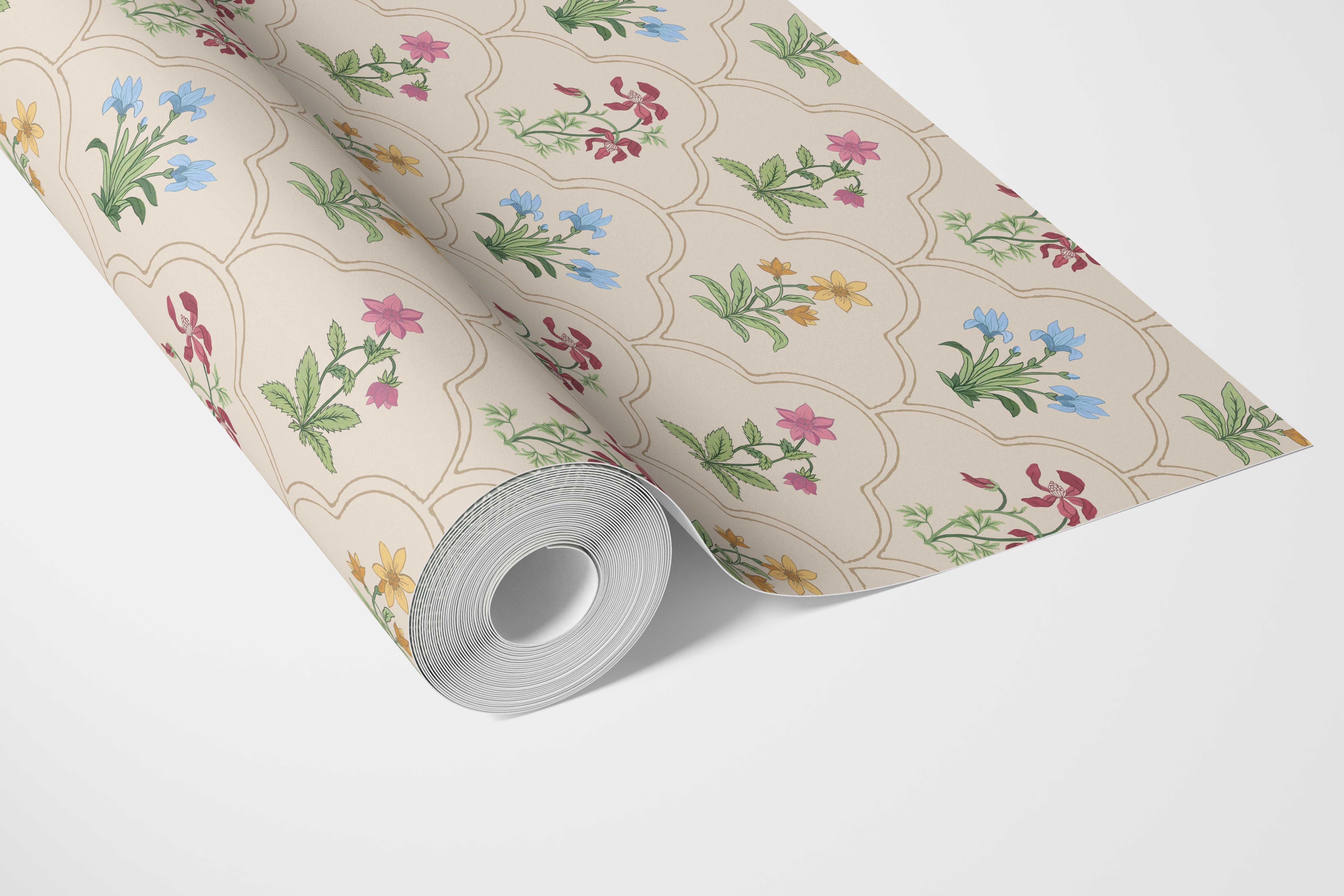 Vintage-Inspired Floral Block Print Bathroom Wallpaper (Beige/ Red/ Pink/ Blue/ Yellow/ Green)