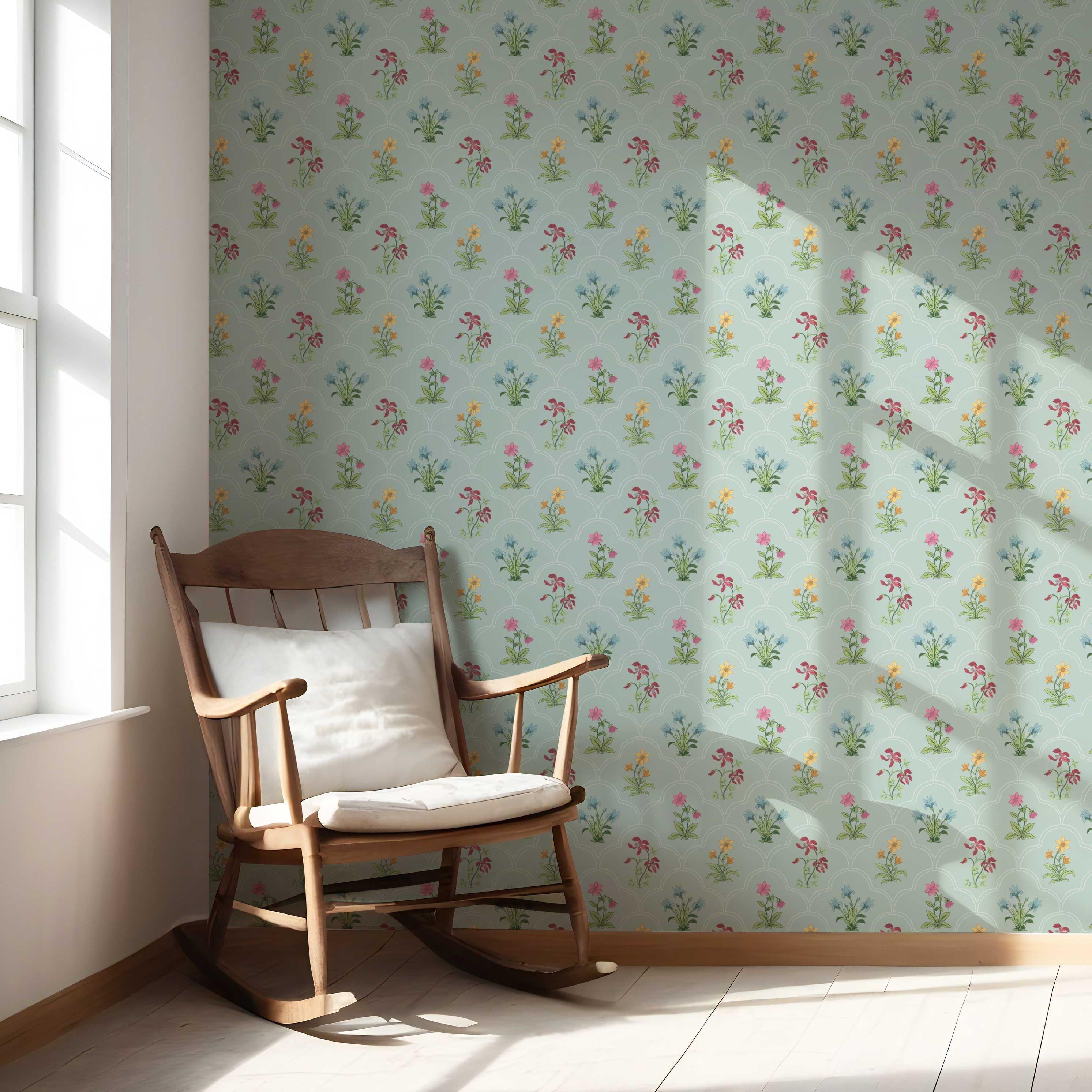 Vintage-Inspired Floral Block Print Nursery Wallpaper (Duck Egg Blue/ Pink/ Red/ Yellow/ Green)