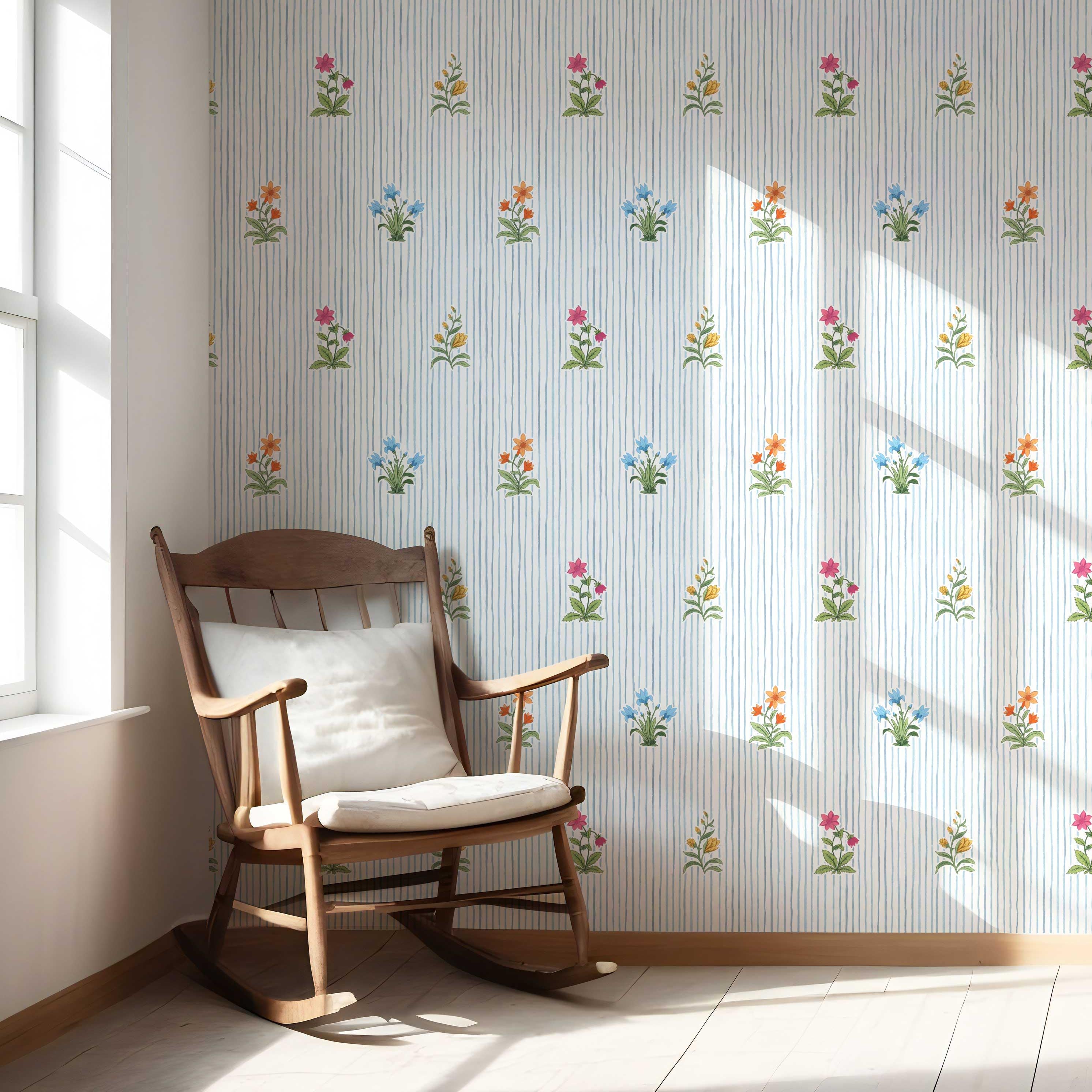 Floral Striped Block Print Nursery Wallpaper Sample (Blue/ Pink/ Green/ Orange )