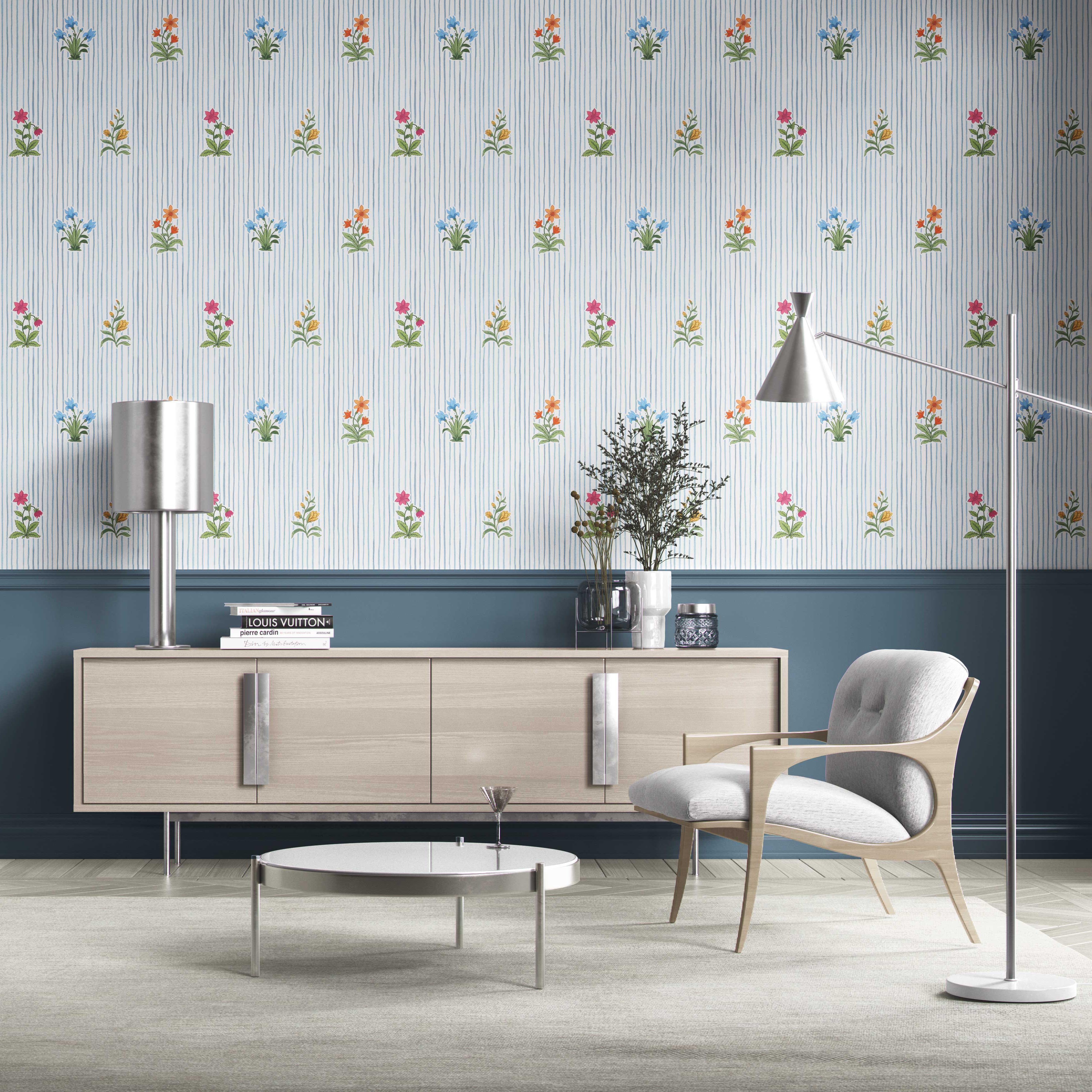 Floral Striped Block Print Kitchen Wallpaper Sample (Blue/ Pink/ Green/ Orange )