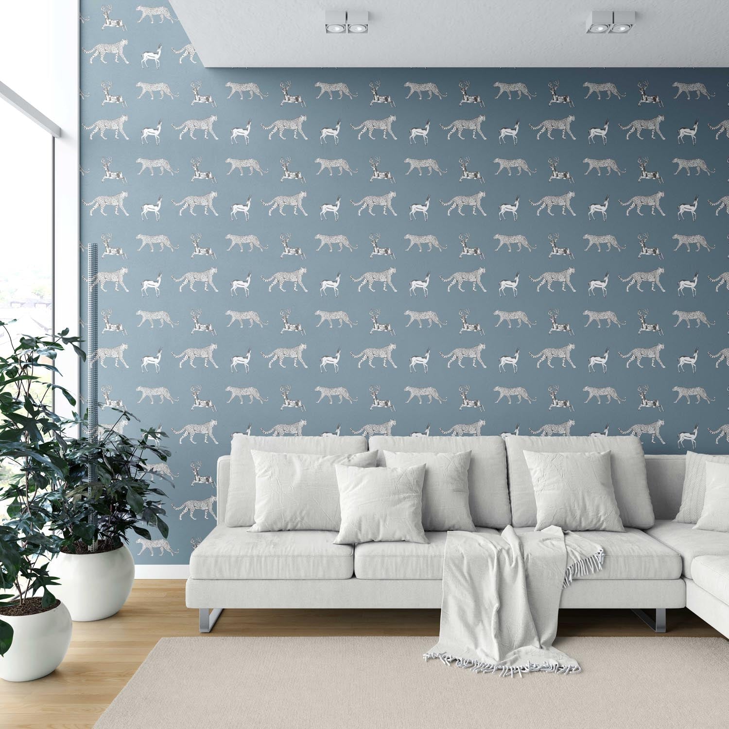 Leopard Animal Print Shower Toilet Wallpaper (Slate Blue/ White)