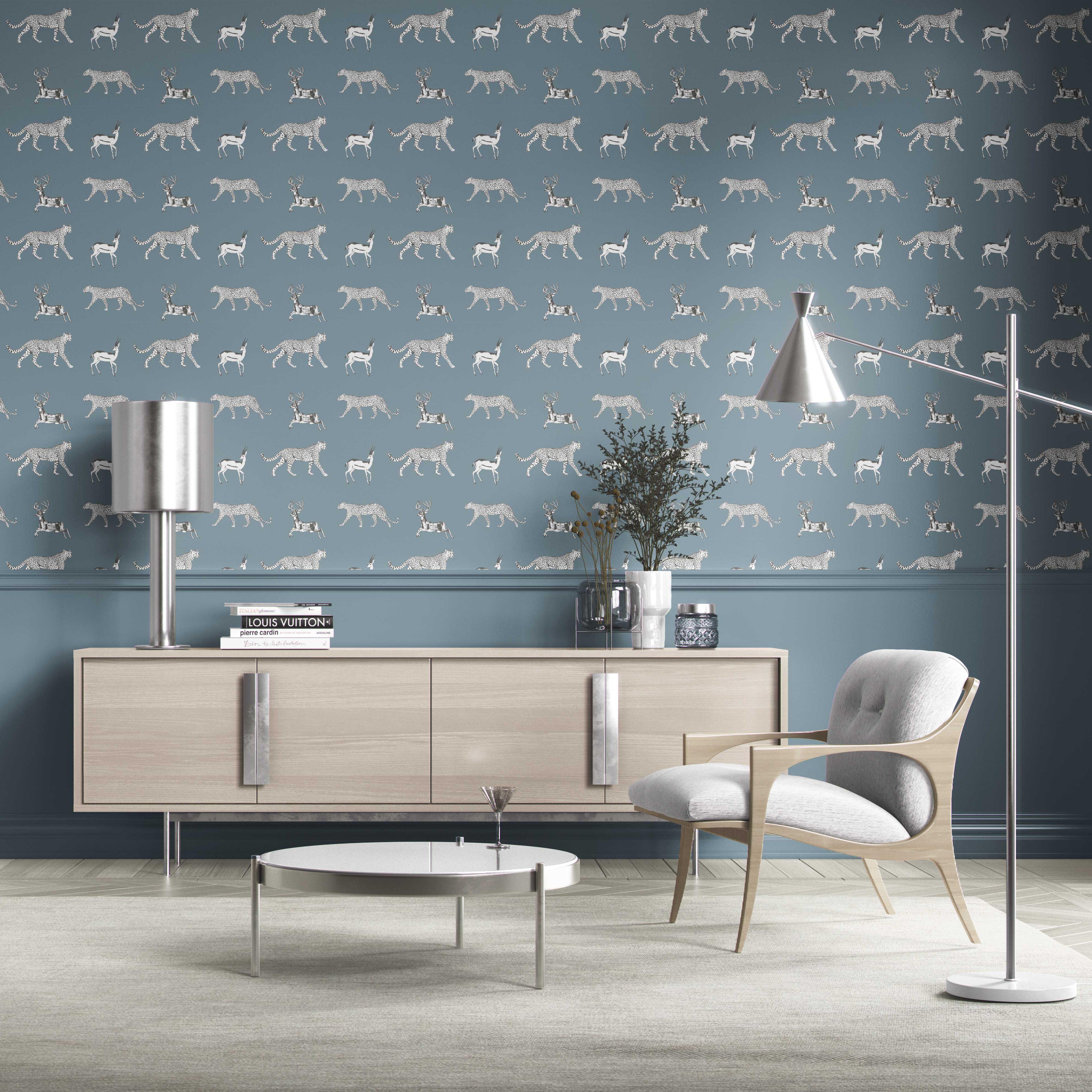 Leopard Animal Print Kitchen Wallpaper (Slate Blue/ White)