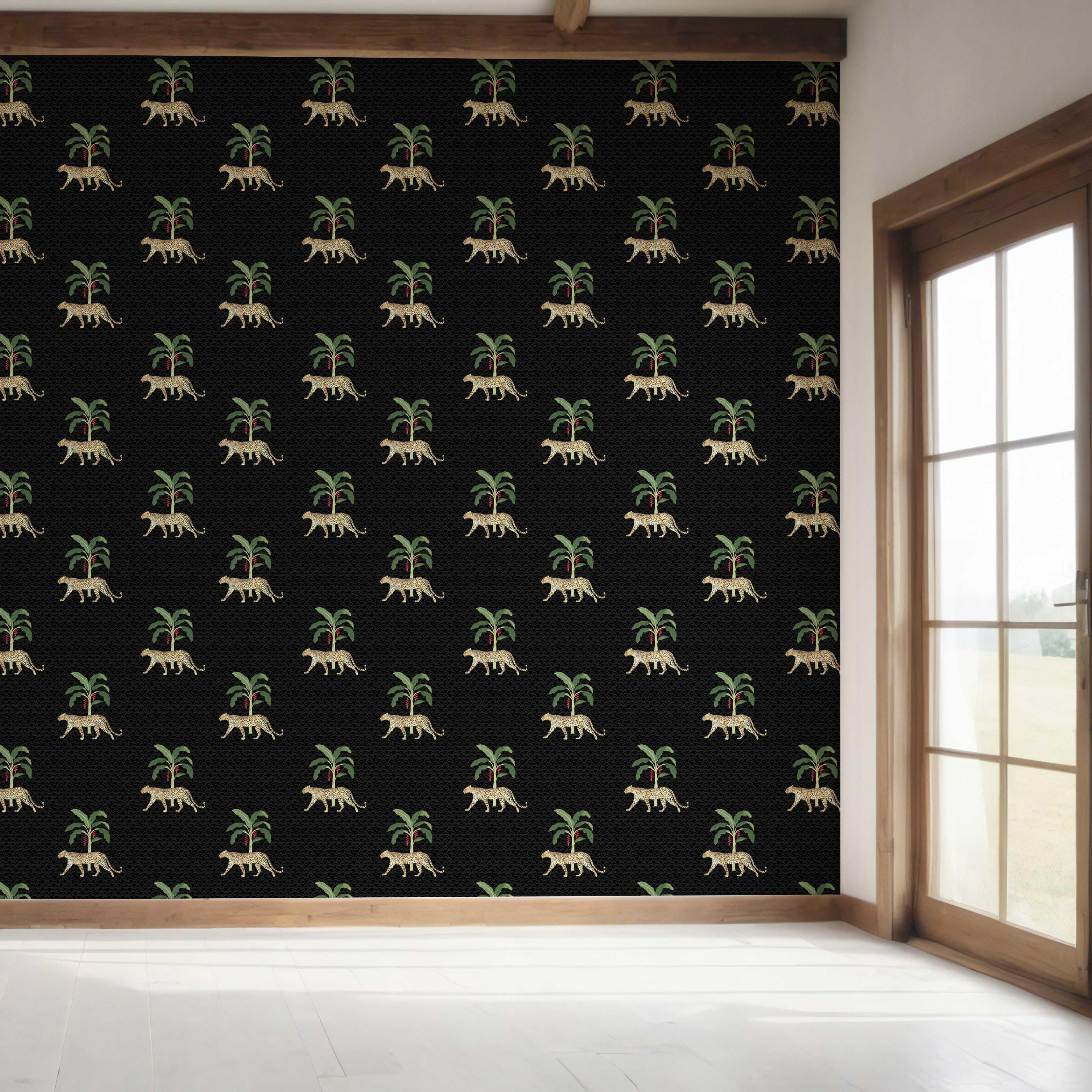 Leopard Animal Print Bedroom Wallpaper Sample (Black/ Tan/ Red/ Green)