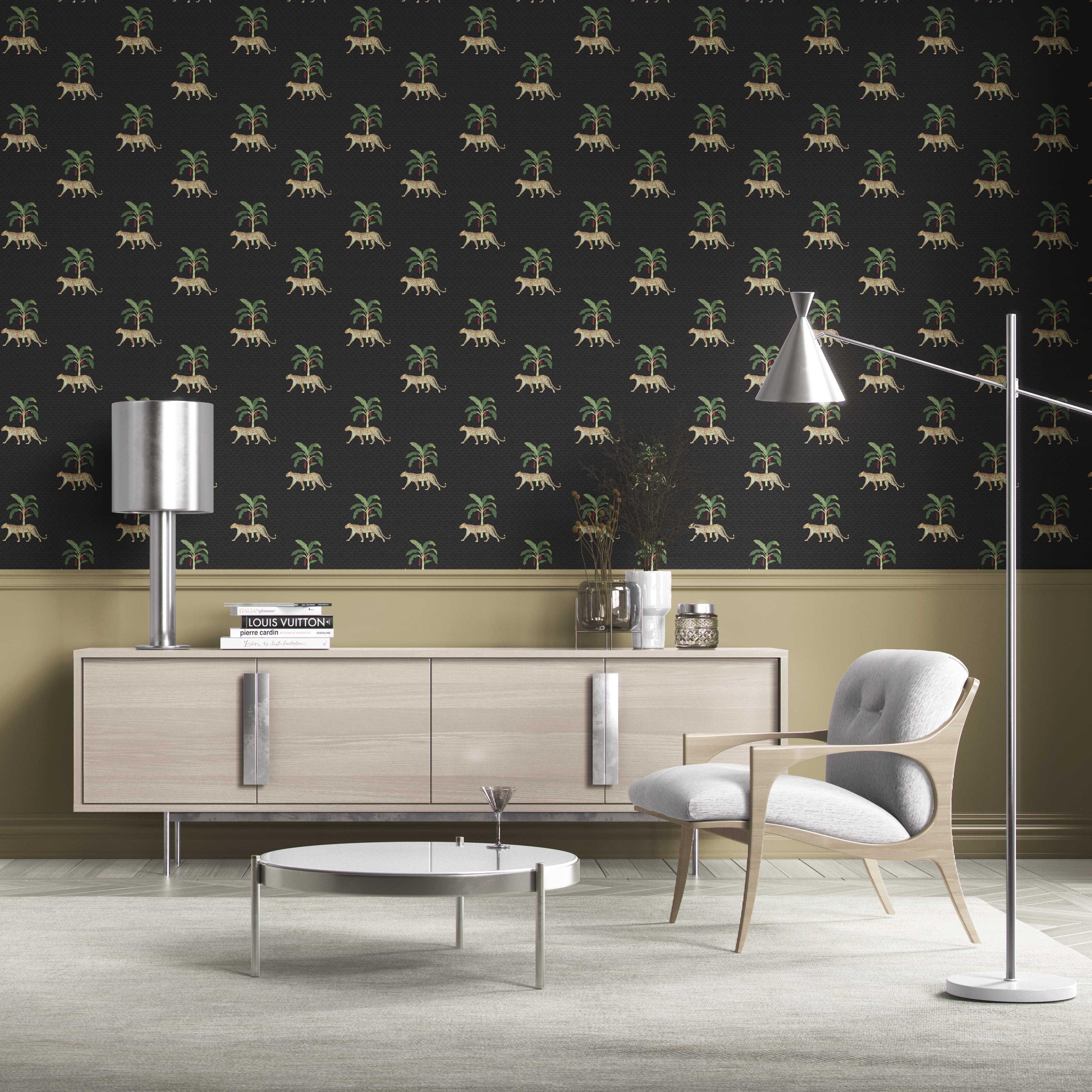 Leopard Animal Print Kitchen Wallpaper Sample (Black/ Tan/ Red/ Green)