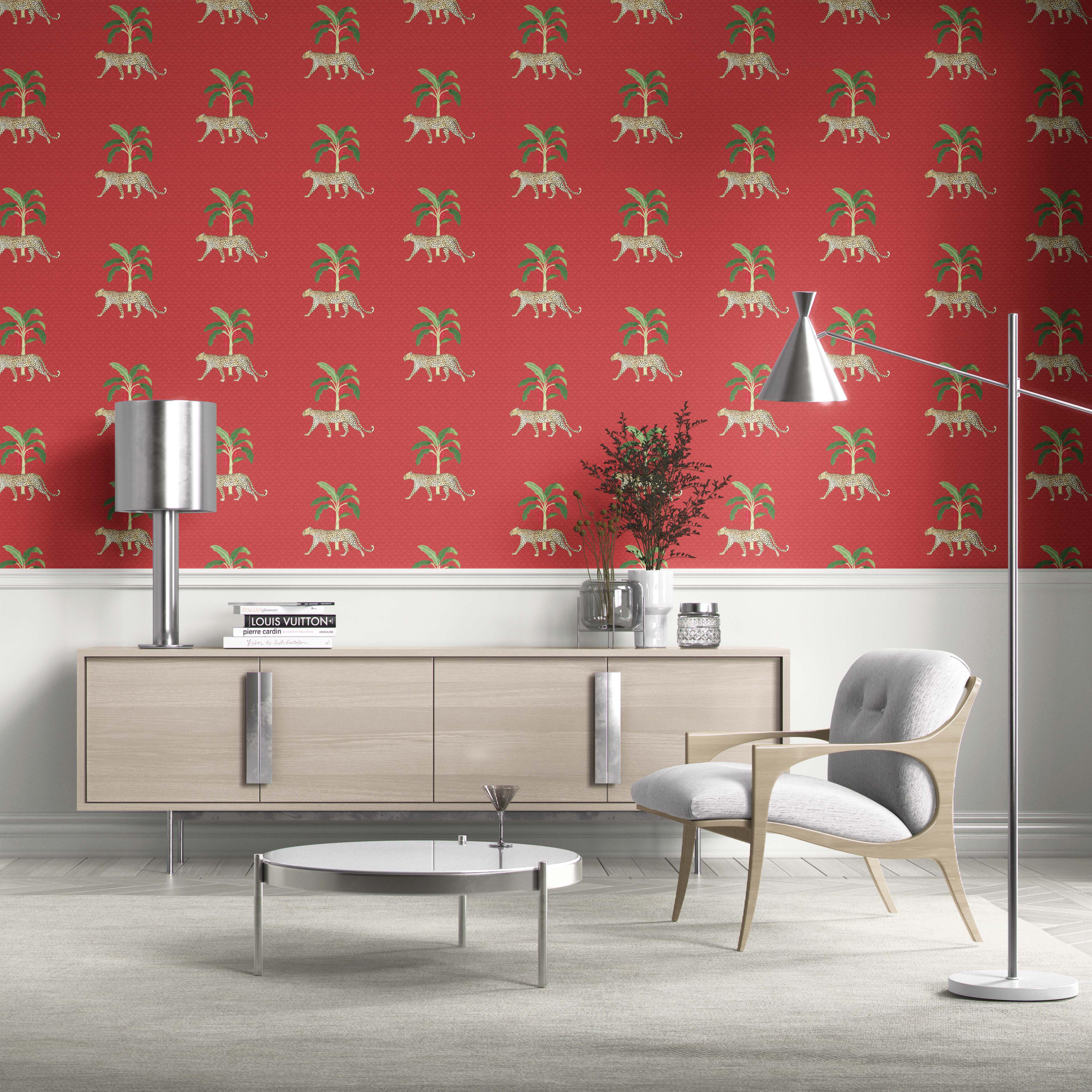 Leopard Animal Print Kitchen Wallpaper (Red/ Green/ Tan)