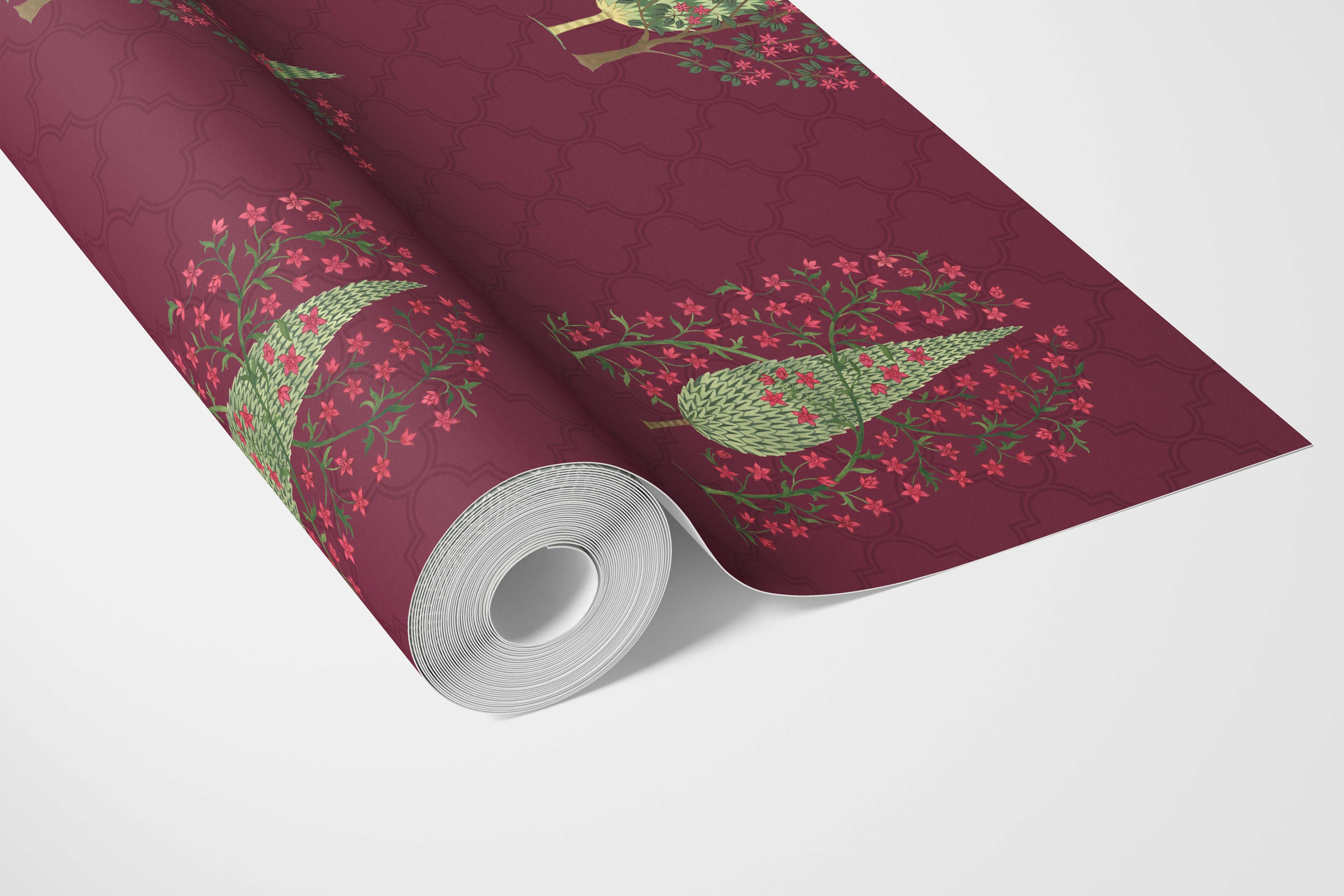 Botanical/ Floral Print Bathroom Wallpaper (Maroon/ Red/ Pink/ Green)