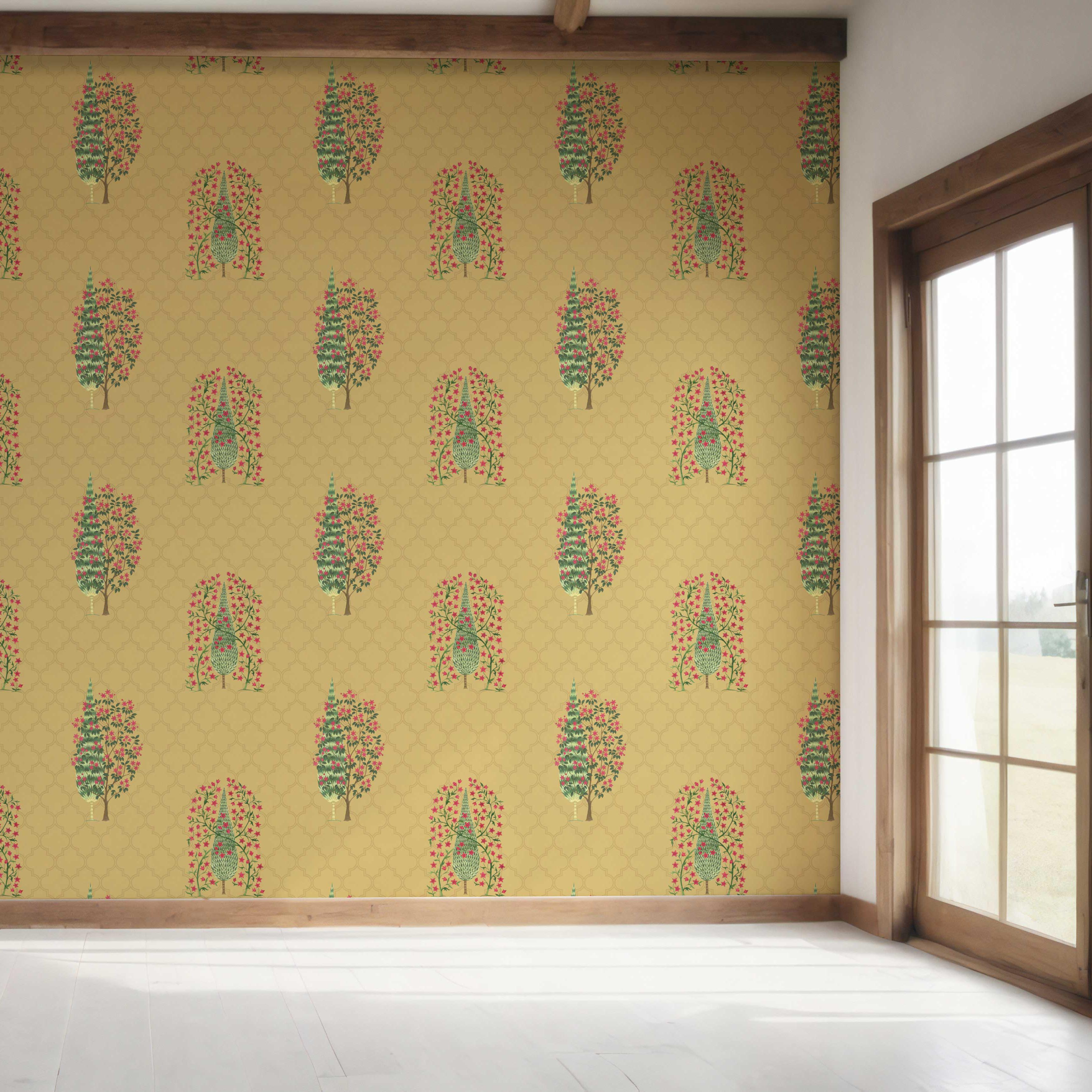 Botanical/ Floral Print Bedroom Wallpaper Sample (Yellow/ Pink/ Green)