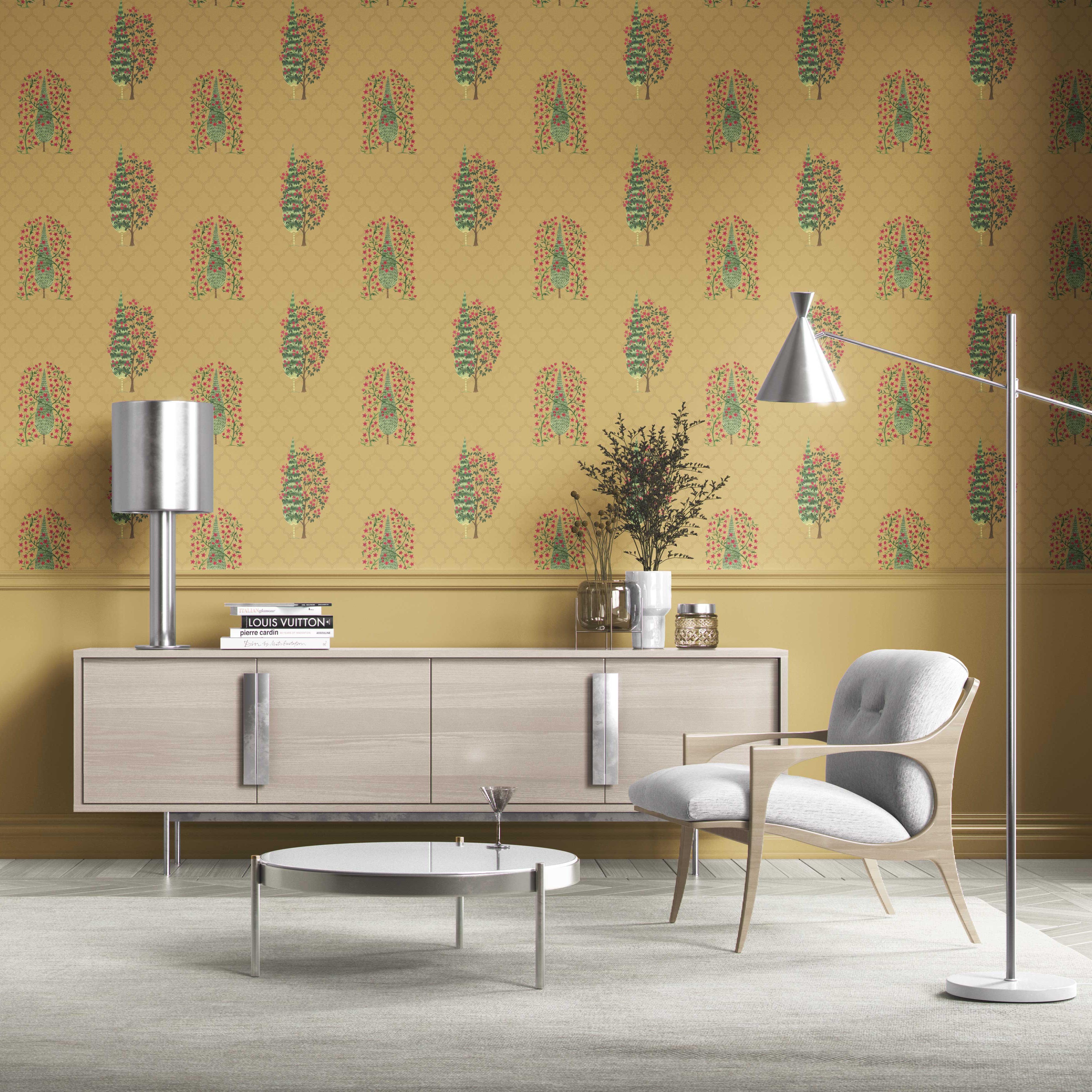 Botanical/ Floral Print Traditional Wallpaper Sample (Yellow/ Pink/ Green)