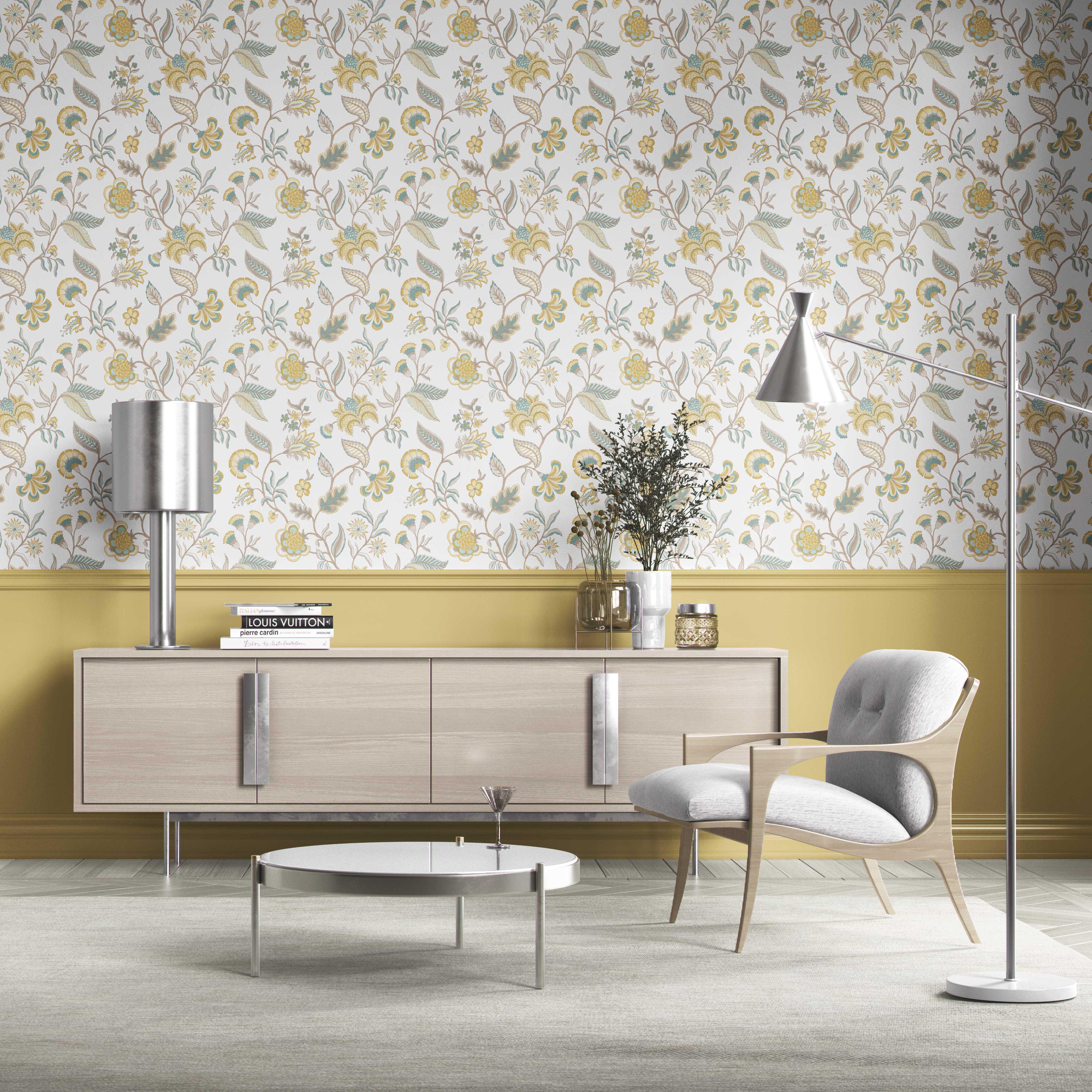 Botanical/ Floral Chinoiserie Kitchen Wallpaper Sample (Yellow/ Blue/ Beige)