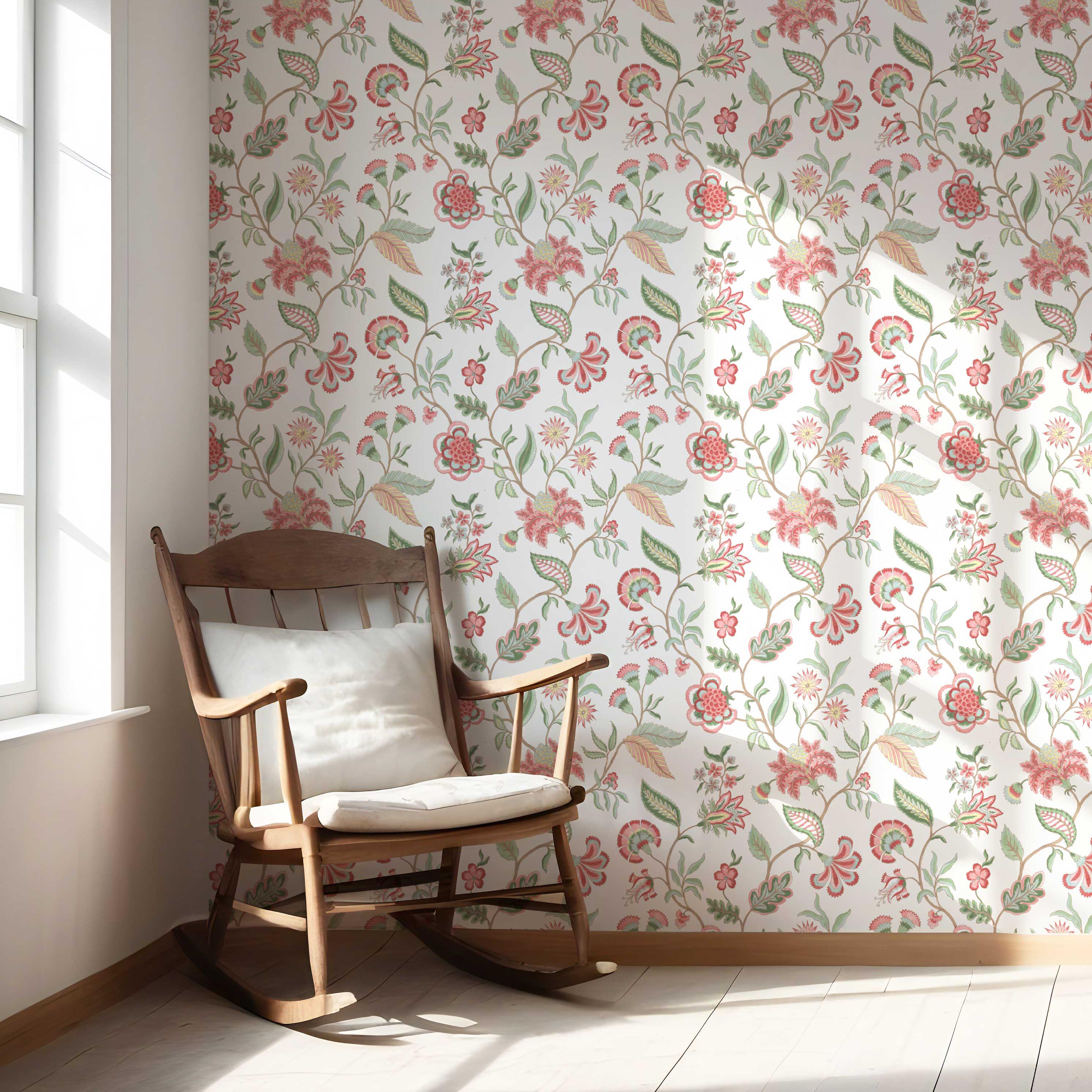 Botanical/ Floral Chinoiserie Nursery Wallpaper (Red/ Pink/ Green/ Blue)