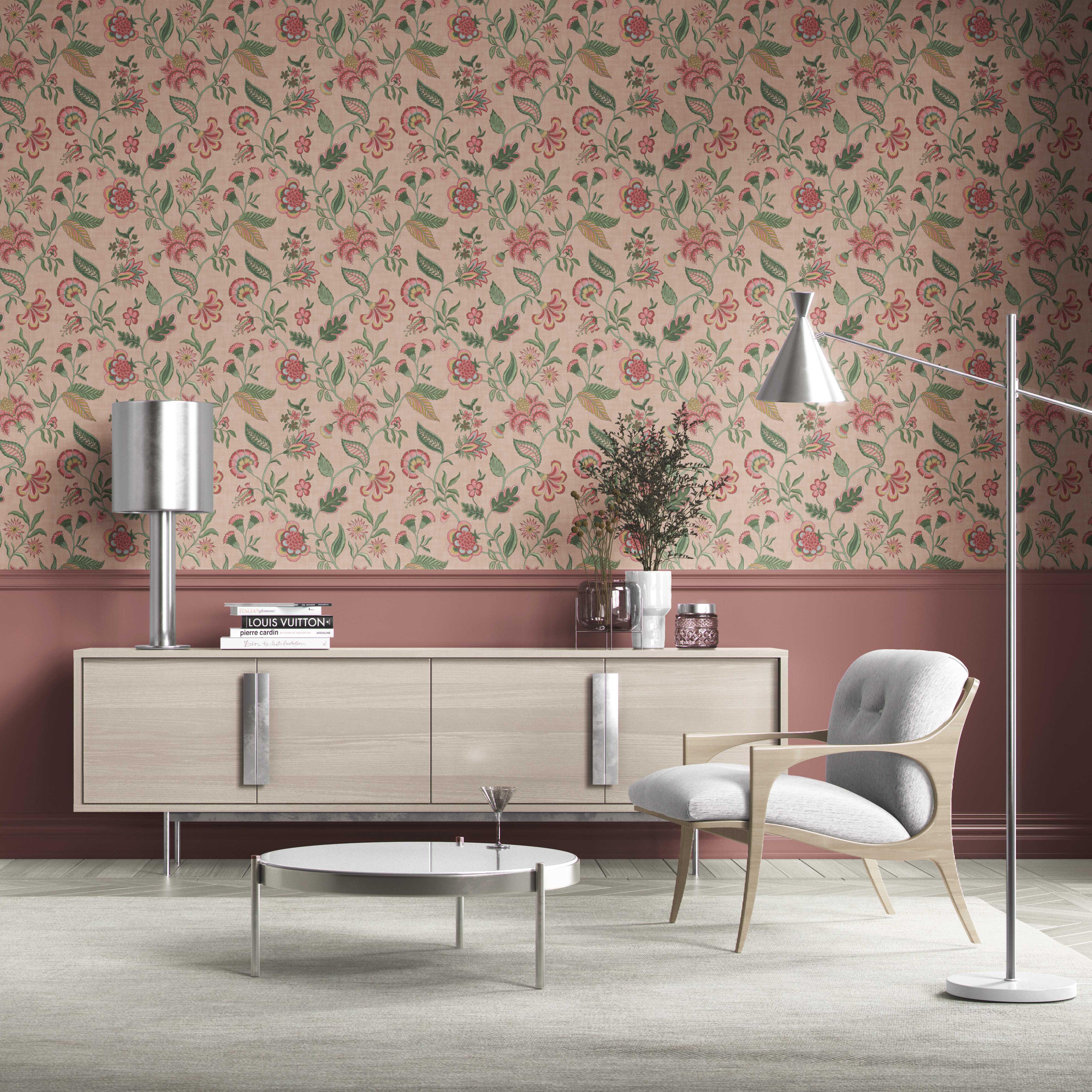 Botanical/ Floral Chinoiserie Kitchen Wallpaper (Blush Pink/ Green/ Red/ Blue)