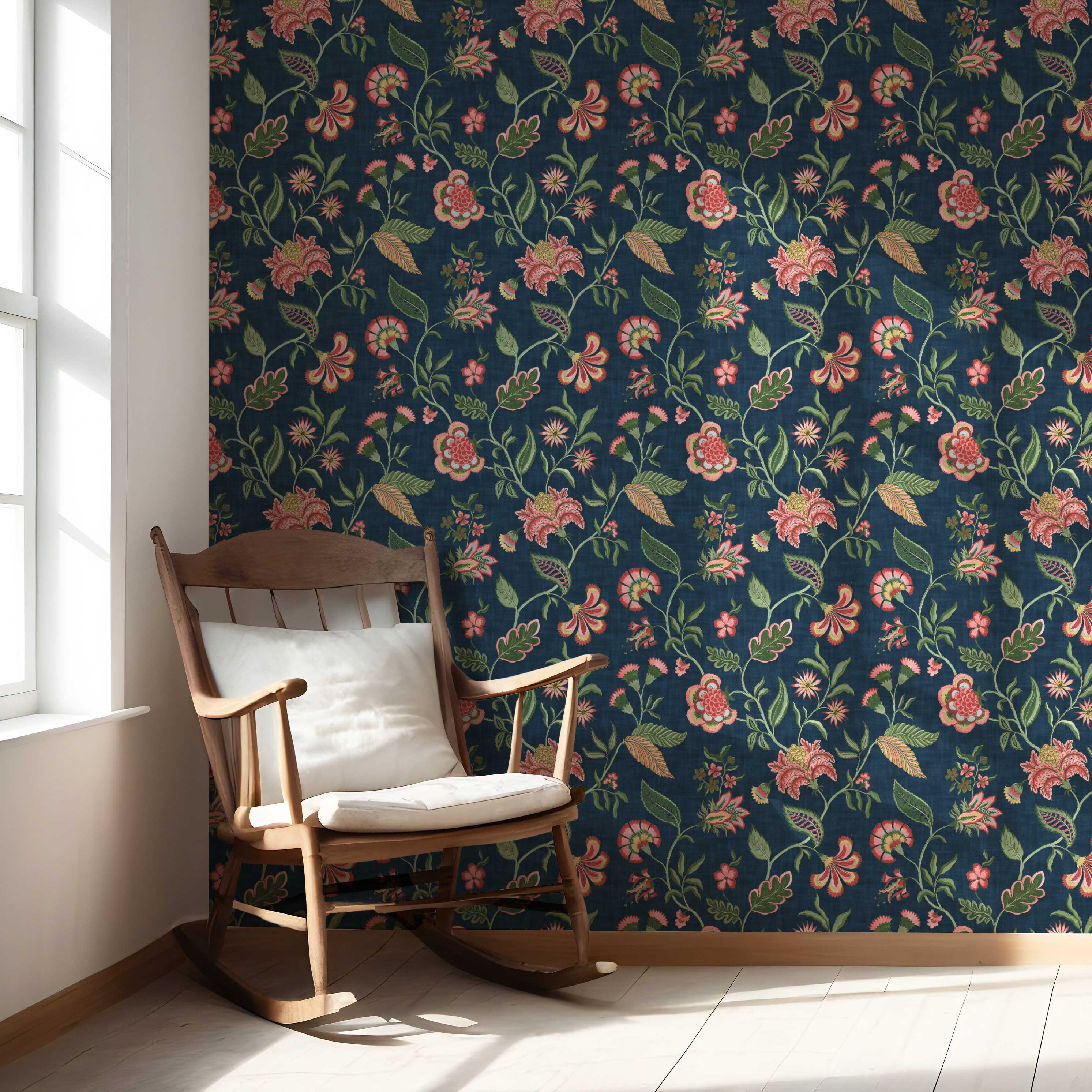 Botanical/ Floral Chinoiserie Nursery Wallpaper Sample (Navy Blue/ Pink/ Green/ Red)