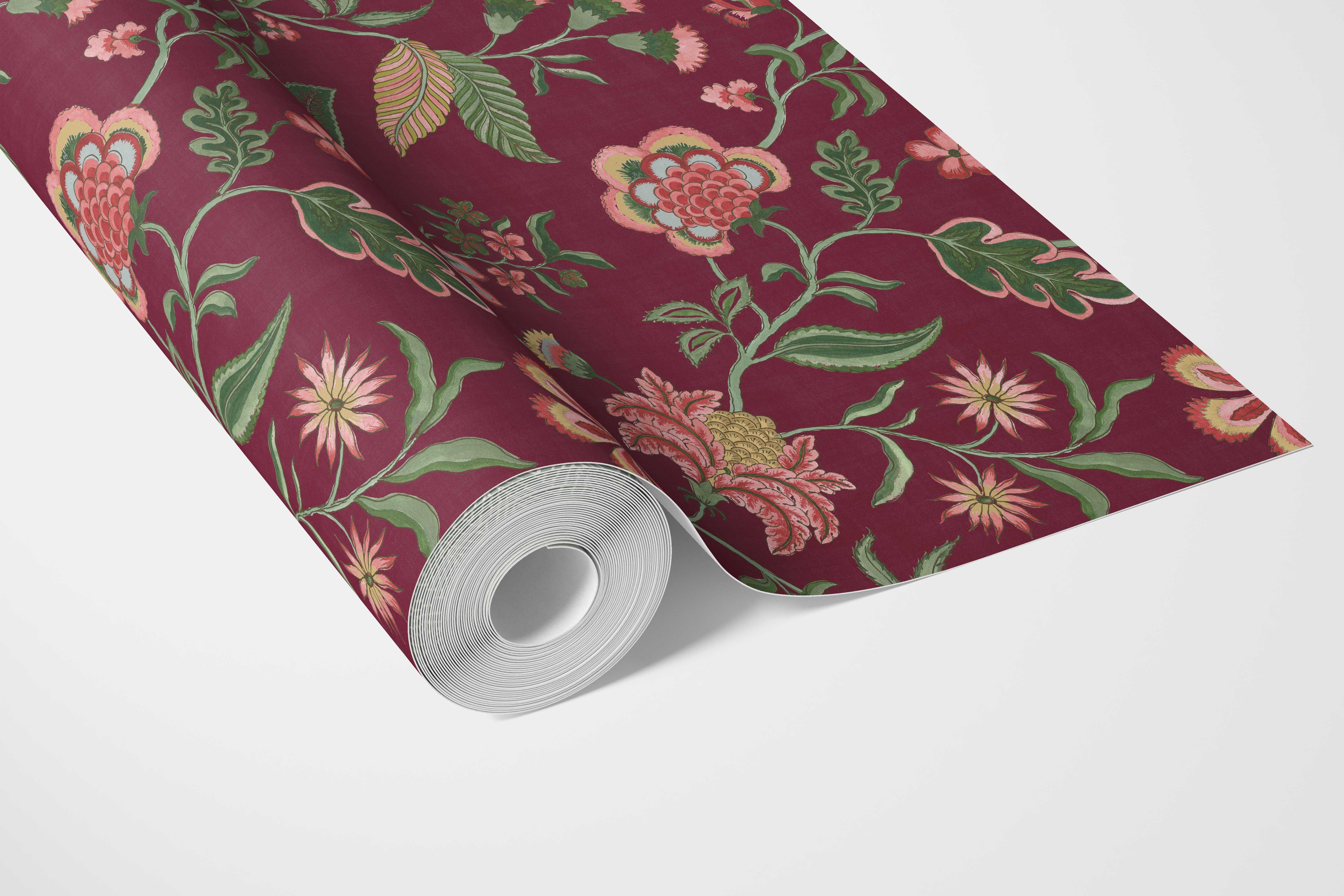 Botanical/ Floral Chinoiserie Bathroom Wallpaper Sample (Maroon/ Red/ Pink/ Green)