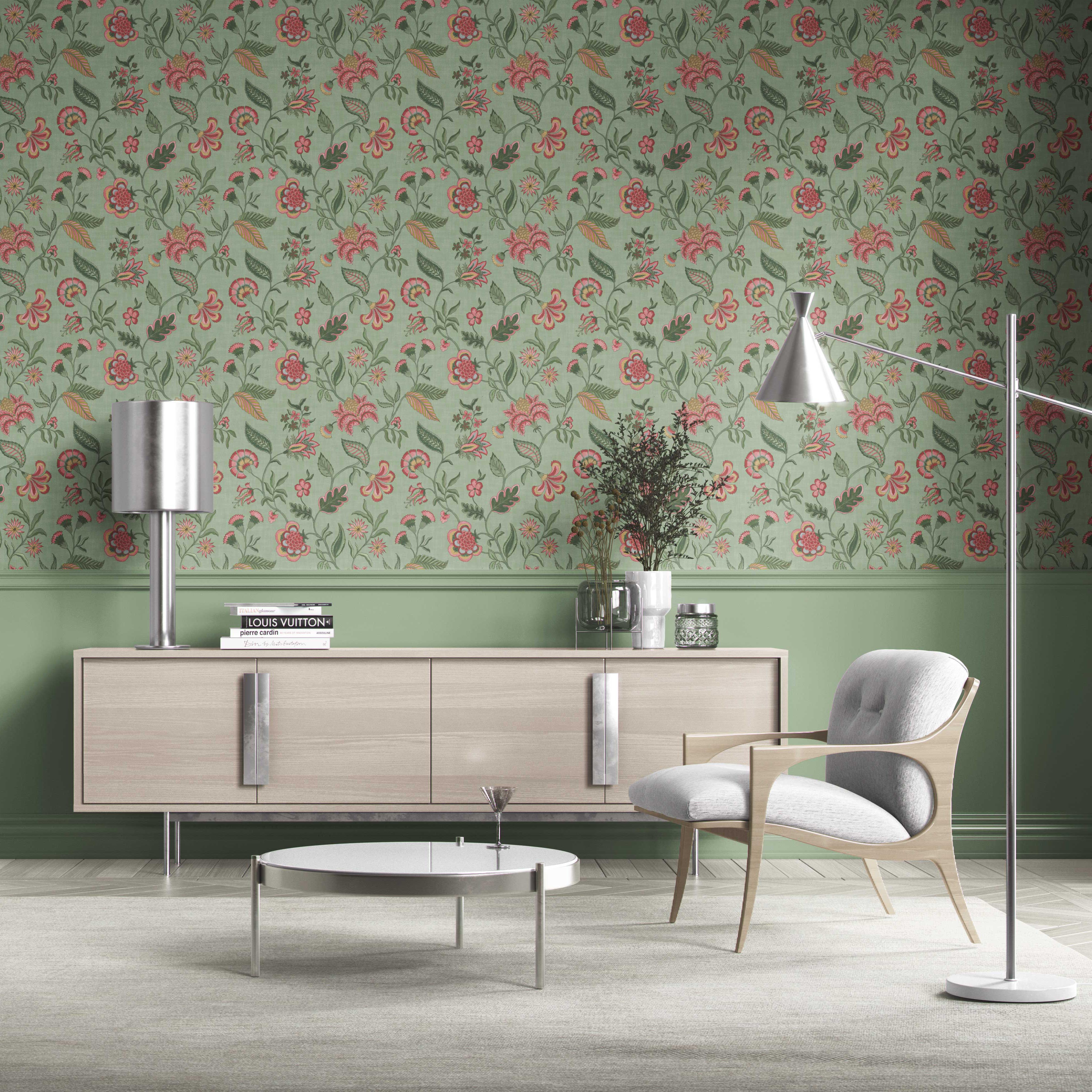Botanical/ Floral Chinoiserie Kitchen Wallpaper Sample (Sage Green/ Pink/ Red/ Blue)
