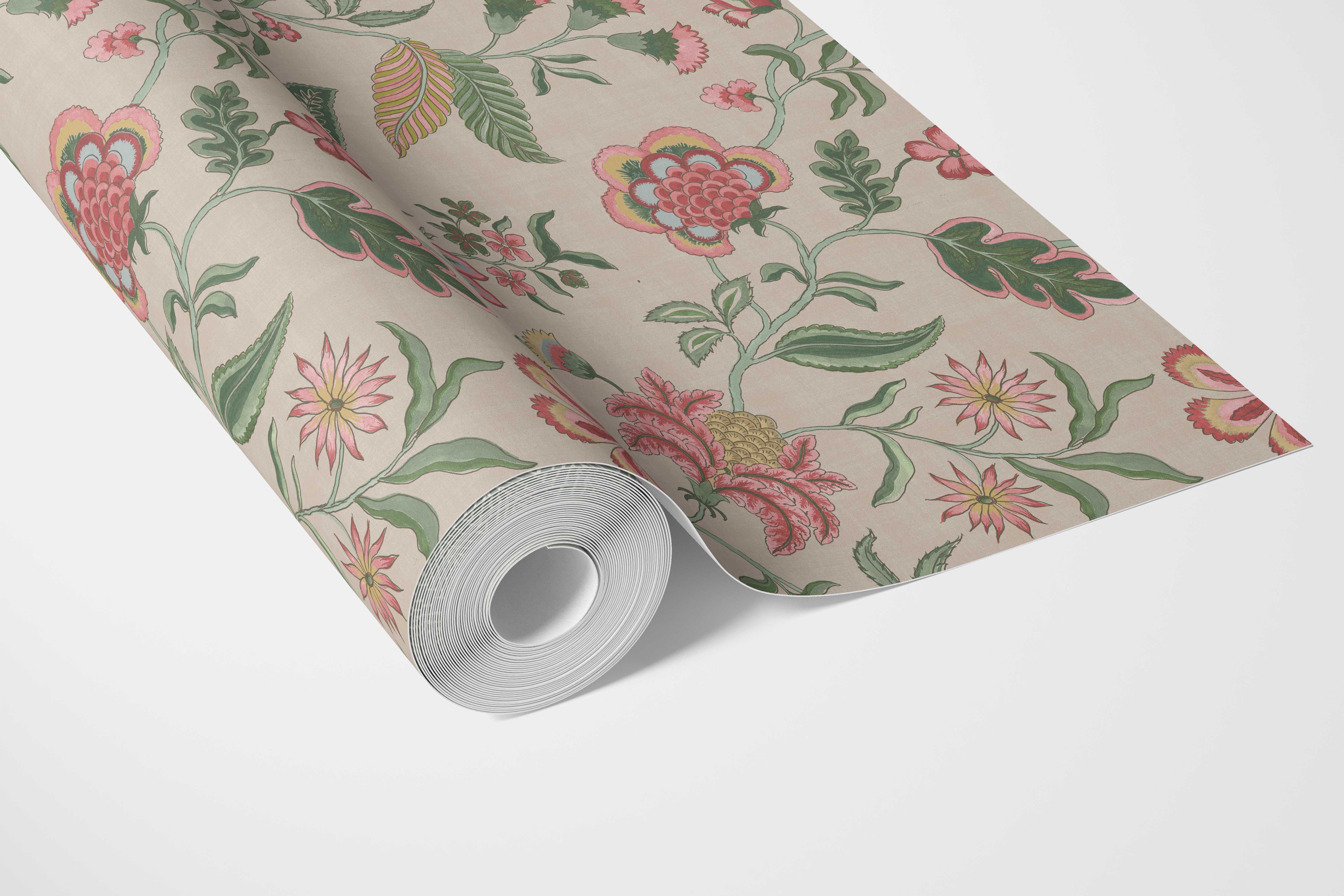 Botanical/ Floral Chinoiserie Bathroom Wallpaper Sample (Soft Pink/ Green/ Red/ Blue)