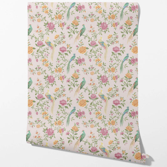 Floral Chinoiserie/ Nature Bird Print Traditional Wallpaper (Blush Pink/ Blue/ Green/ Orange/ Yellow)
