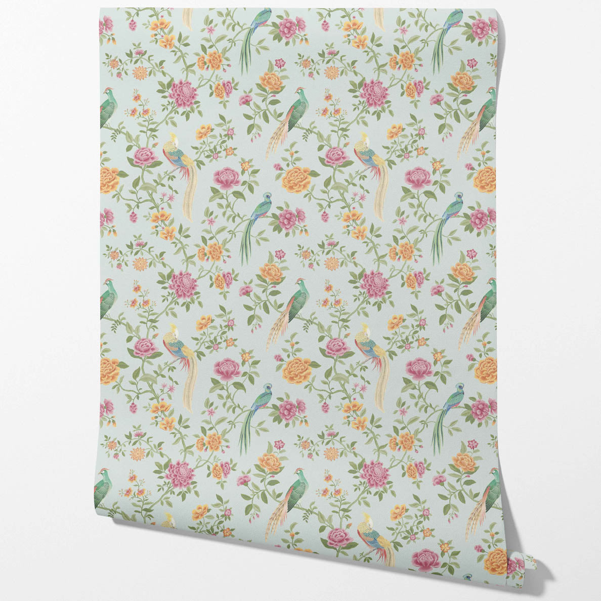 Floral Chinoiserie/ Nature Bird Print Traditional Wallpaper Sample (Duck Egg Blue/ Pink/ Green/ Yellow)