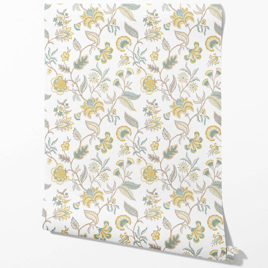 Botanical/ Floral Chinoiserie Traditional Wallpaper (Yellow/ Blue/ Beige)