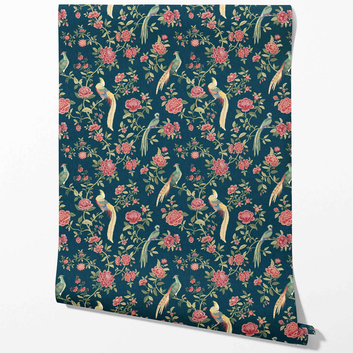 Floral Chinoiserie/ Nature Bird Print Traditional Wallpaper Sample (Teal Blue/ Pink/ Green/ Yellow)