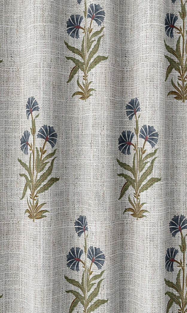 Floral Home Textile Fabric Material Sample (White/ Navy Blue/ Green)