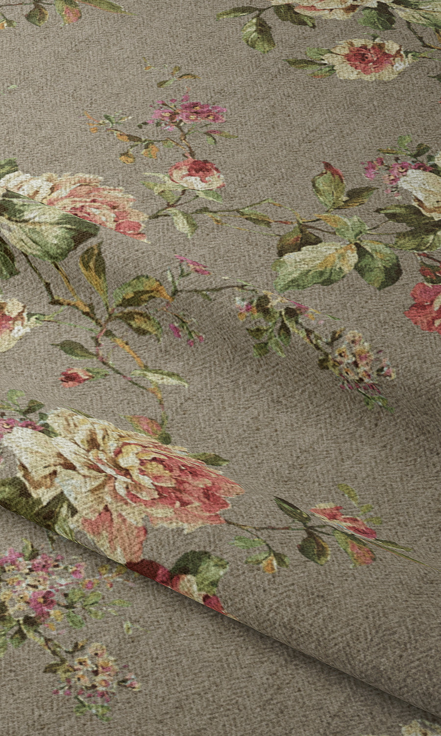 Floral Country Fabric Material By the Metre (Grey/ Green/ Pink)