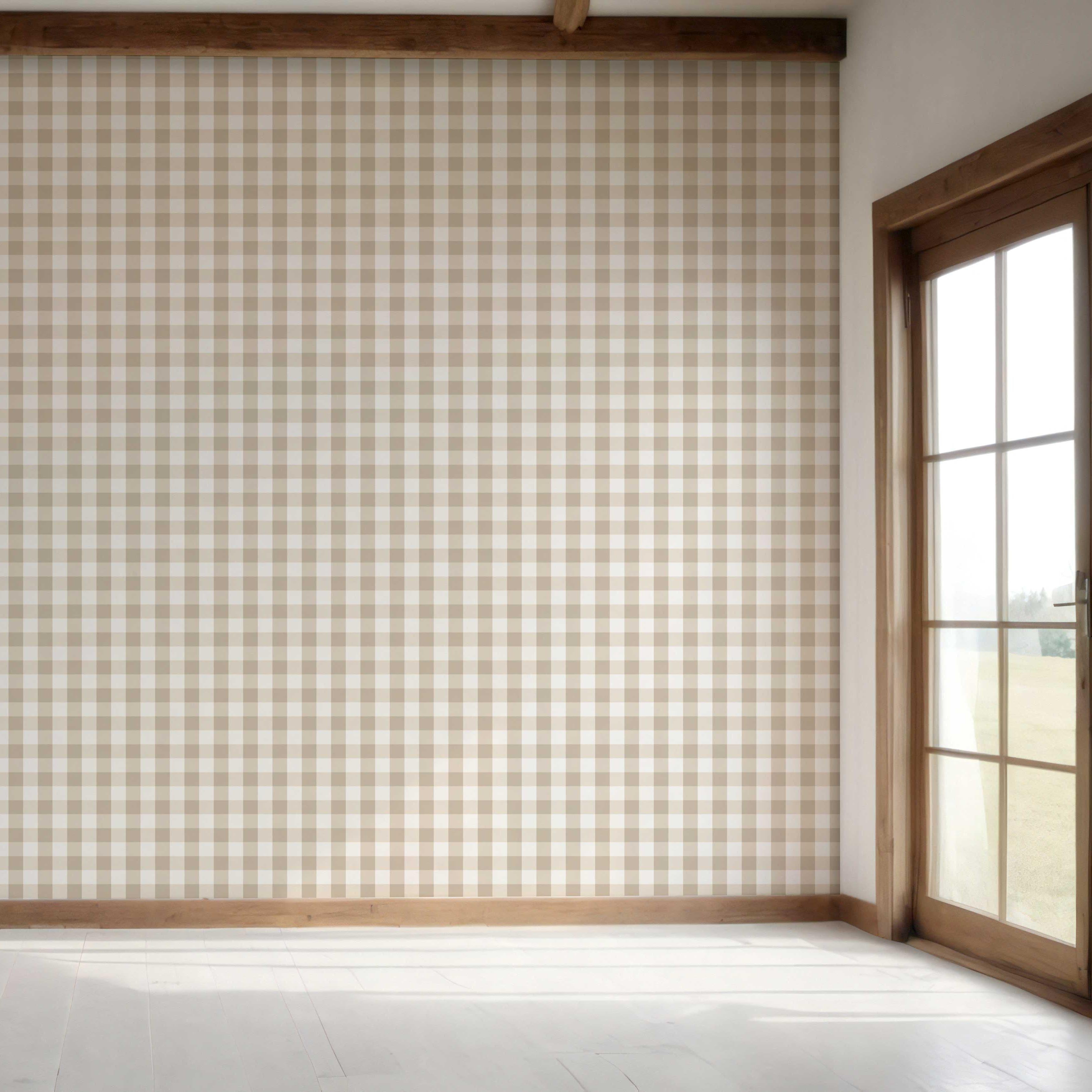 Neutral Geometric Gingham Bedroom Wallpaper Sample (Warm Beige)