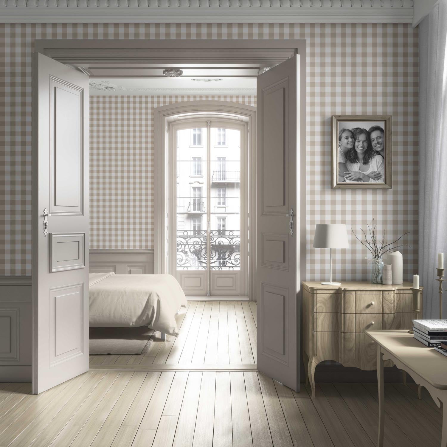 Neutral Geometric Gingham Living Room Wallpaper Sample (Warm Beige)