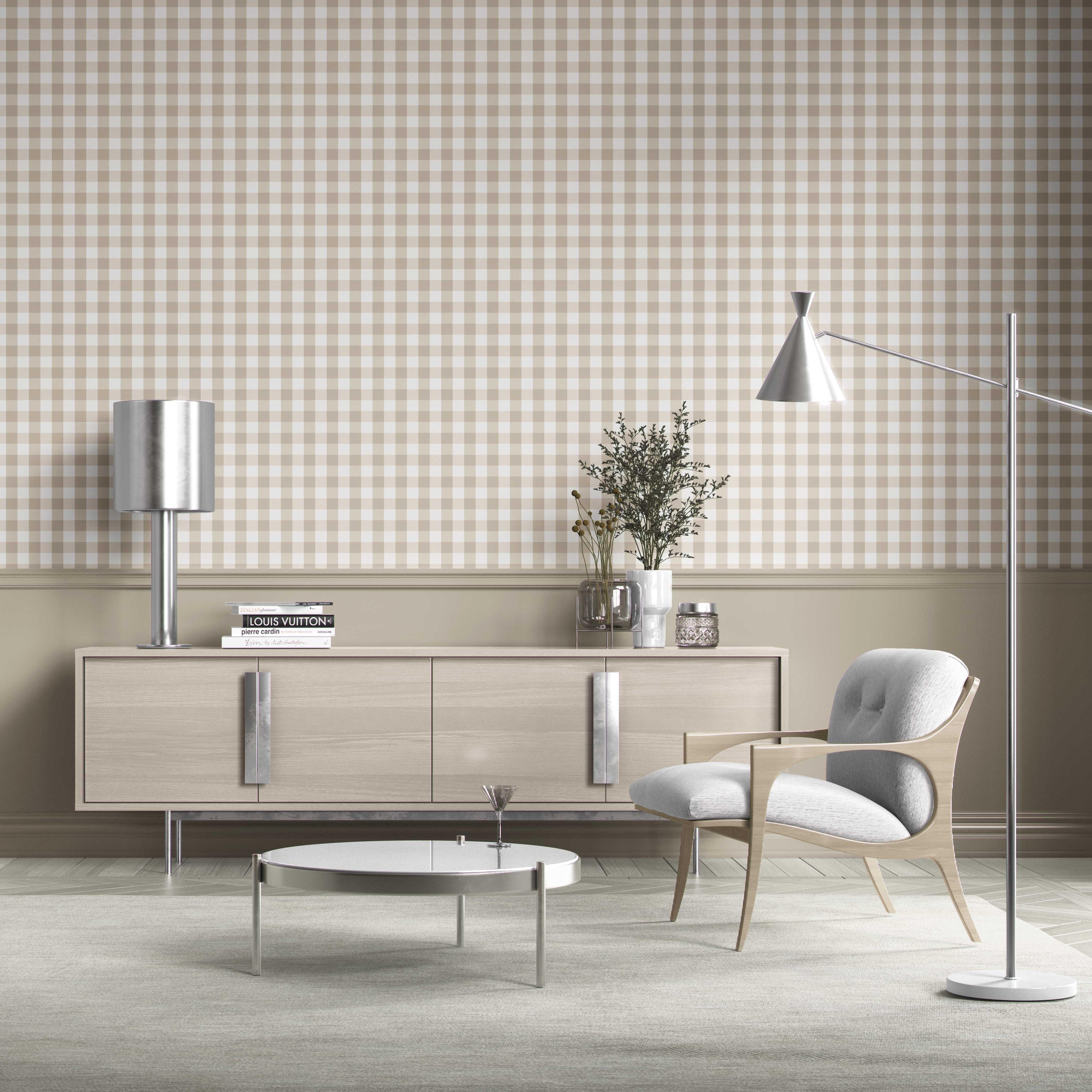 Neutral Geometric Gingham Kitchen Wallpaper (Warm Beige)