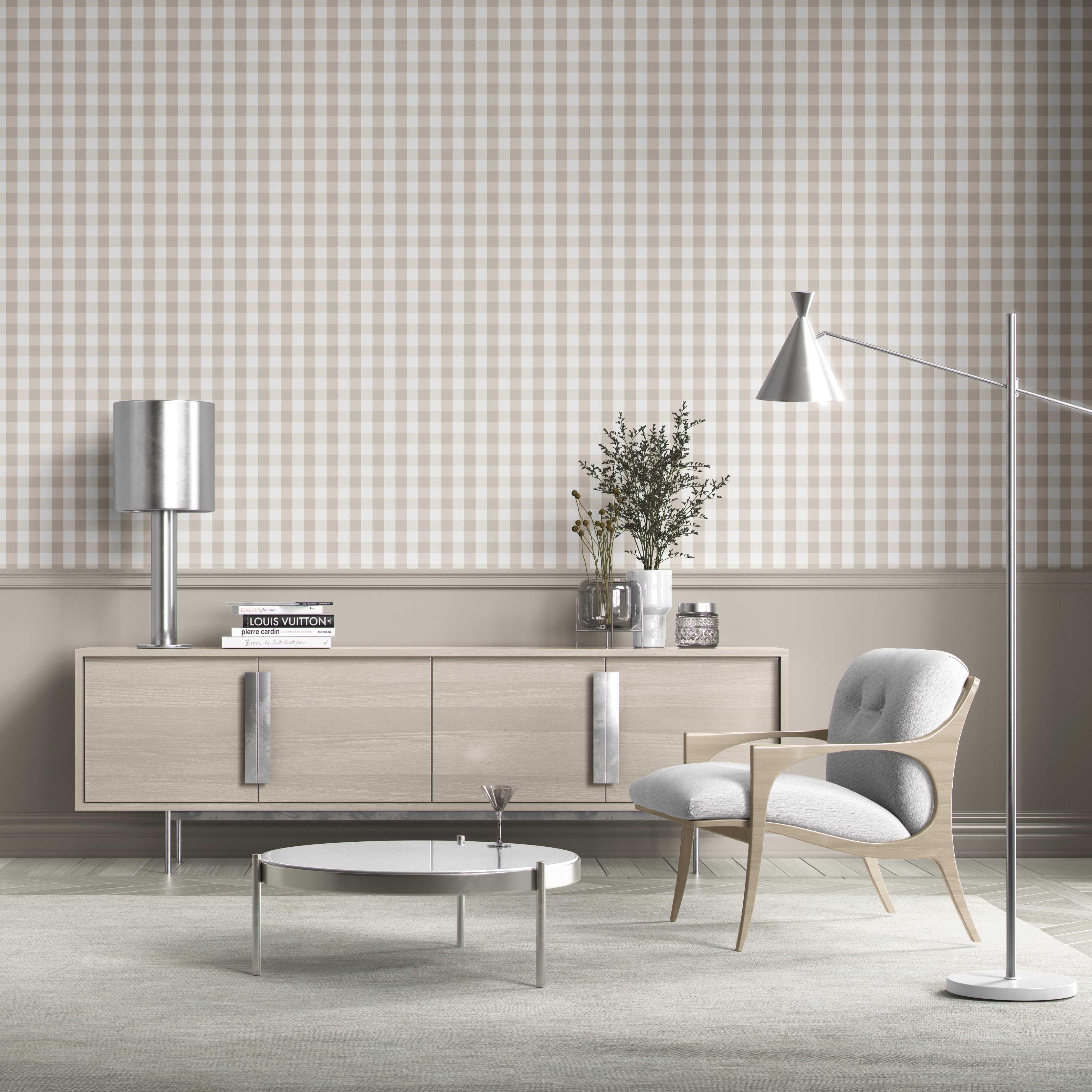 Neutral Geometric Gingham Kitchen Wallpaper Sample (Soft Taupe)