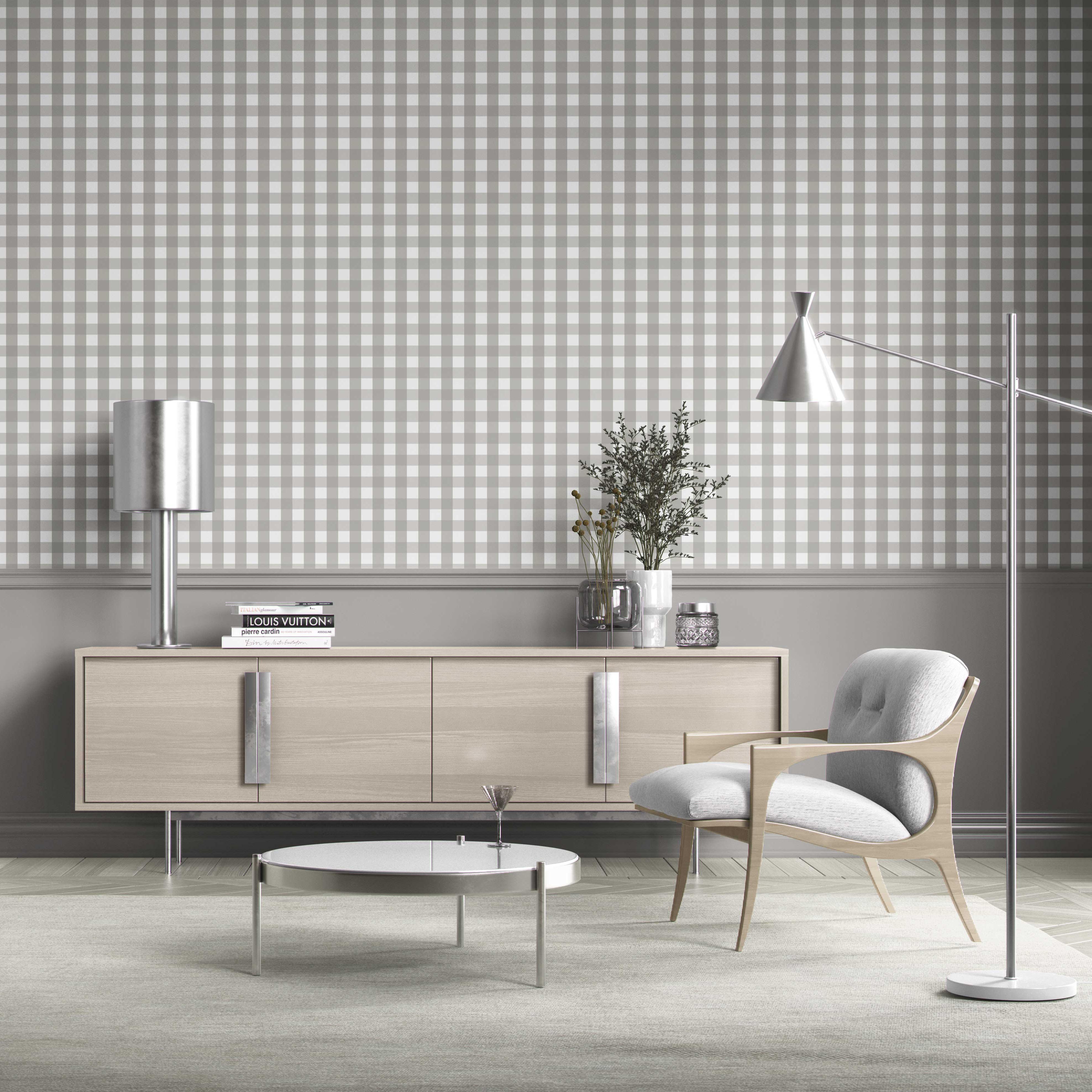 Neutral Geometric Gingham Kitchen Wallpaper Sample (Stone Gray)