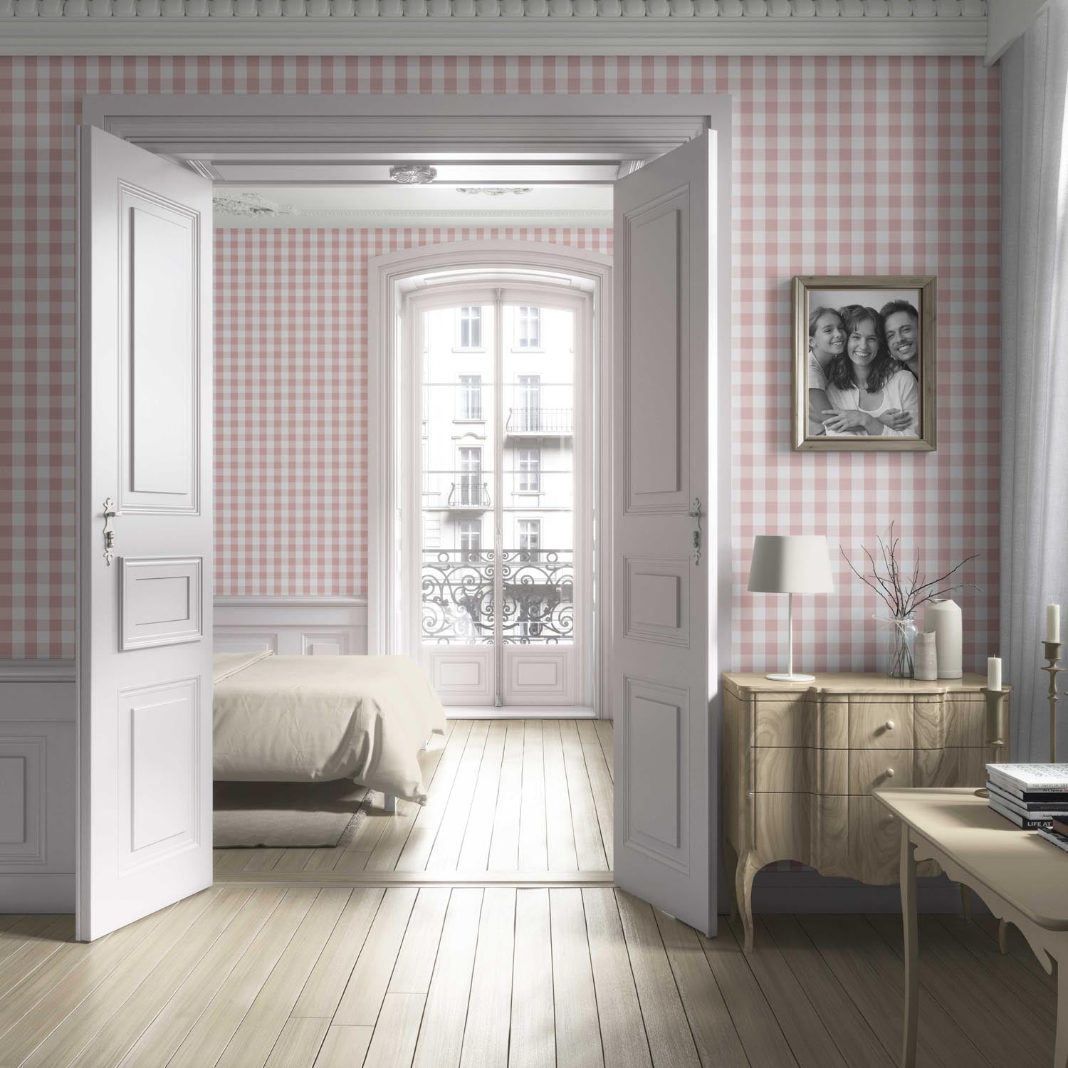 Geometric Gingham Kitchen Wallpaper (Pink)