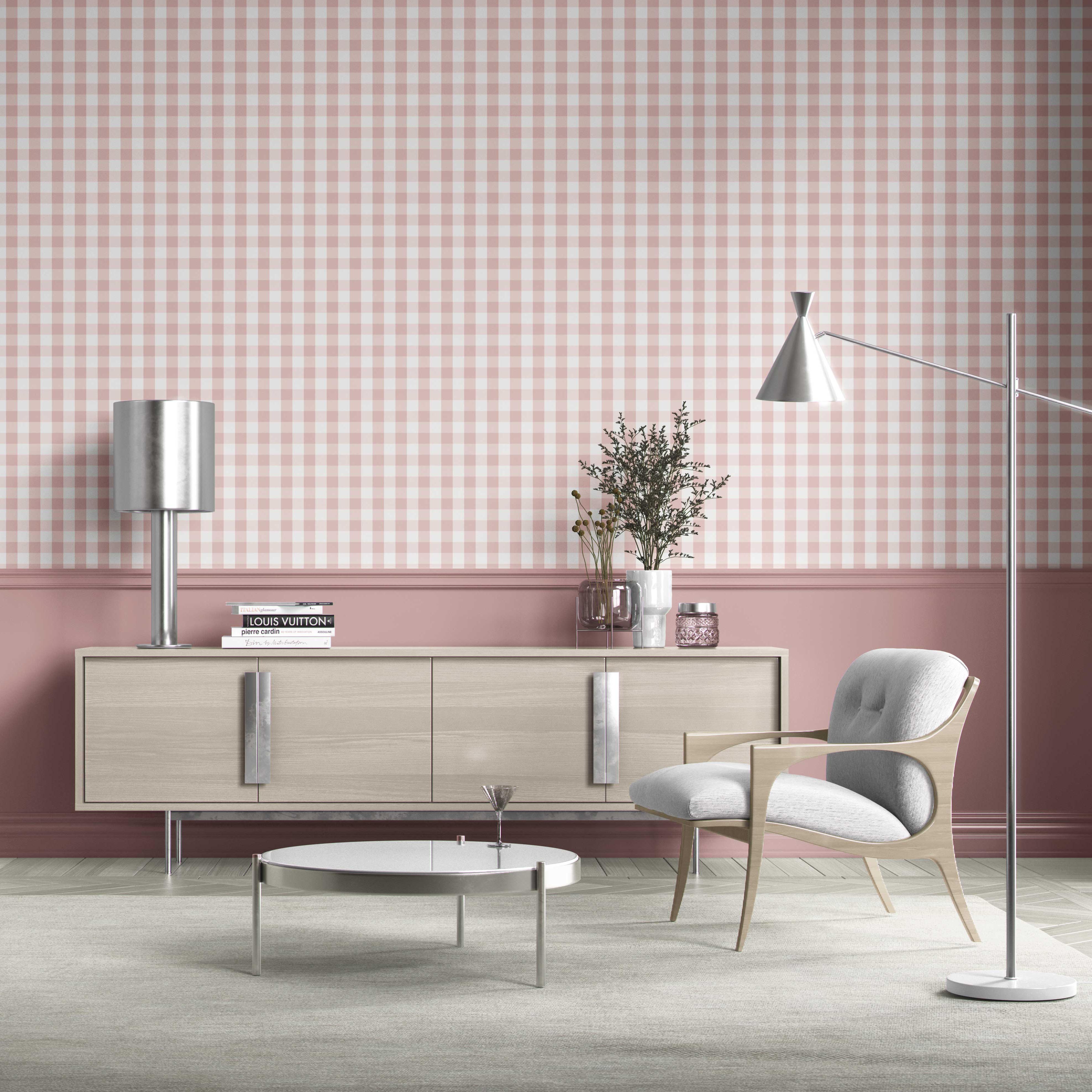 Geometric Gingham Living Room Wallpaper Sample (Pink)